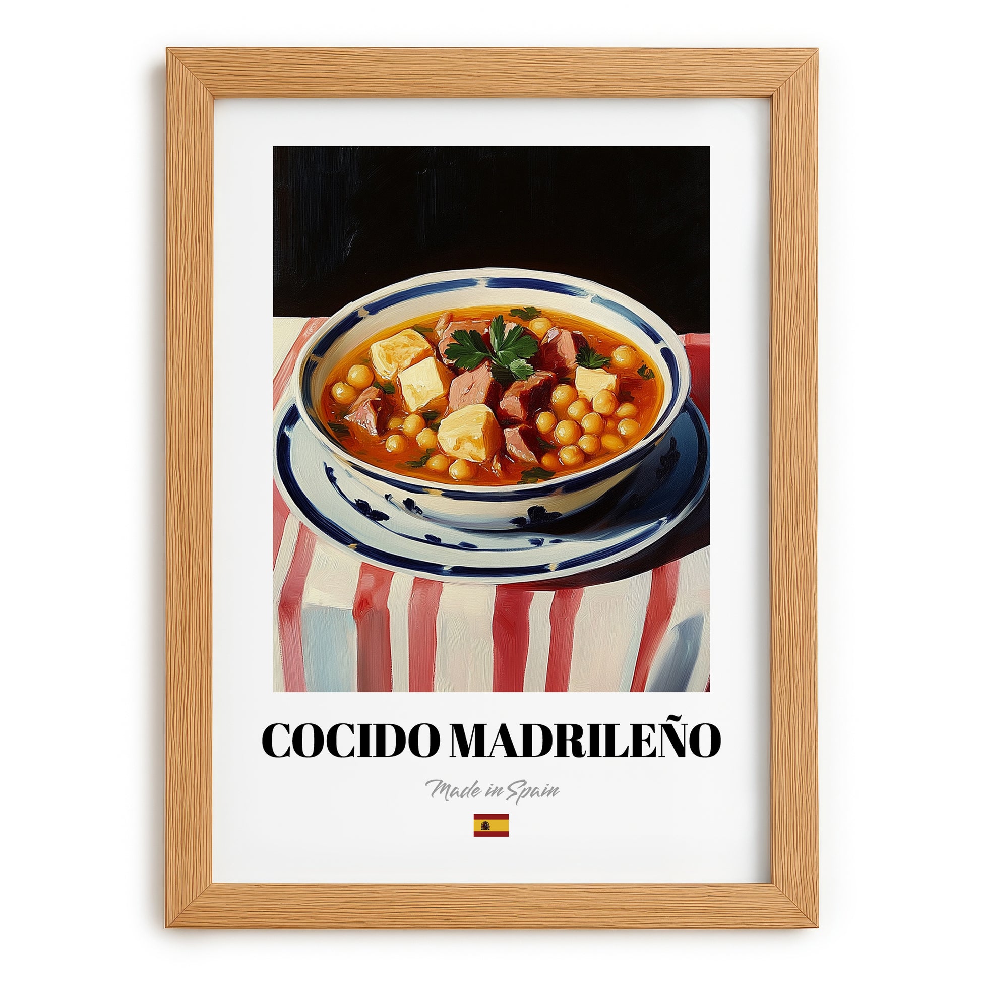 Cocido Madrileño – on Striped Tablecloth, Spanish Food Still Life, set in oak frame