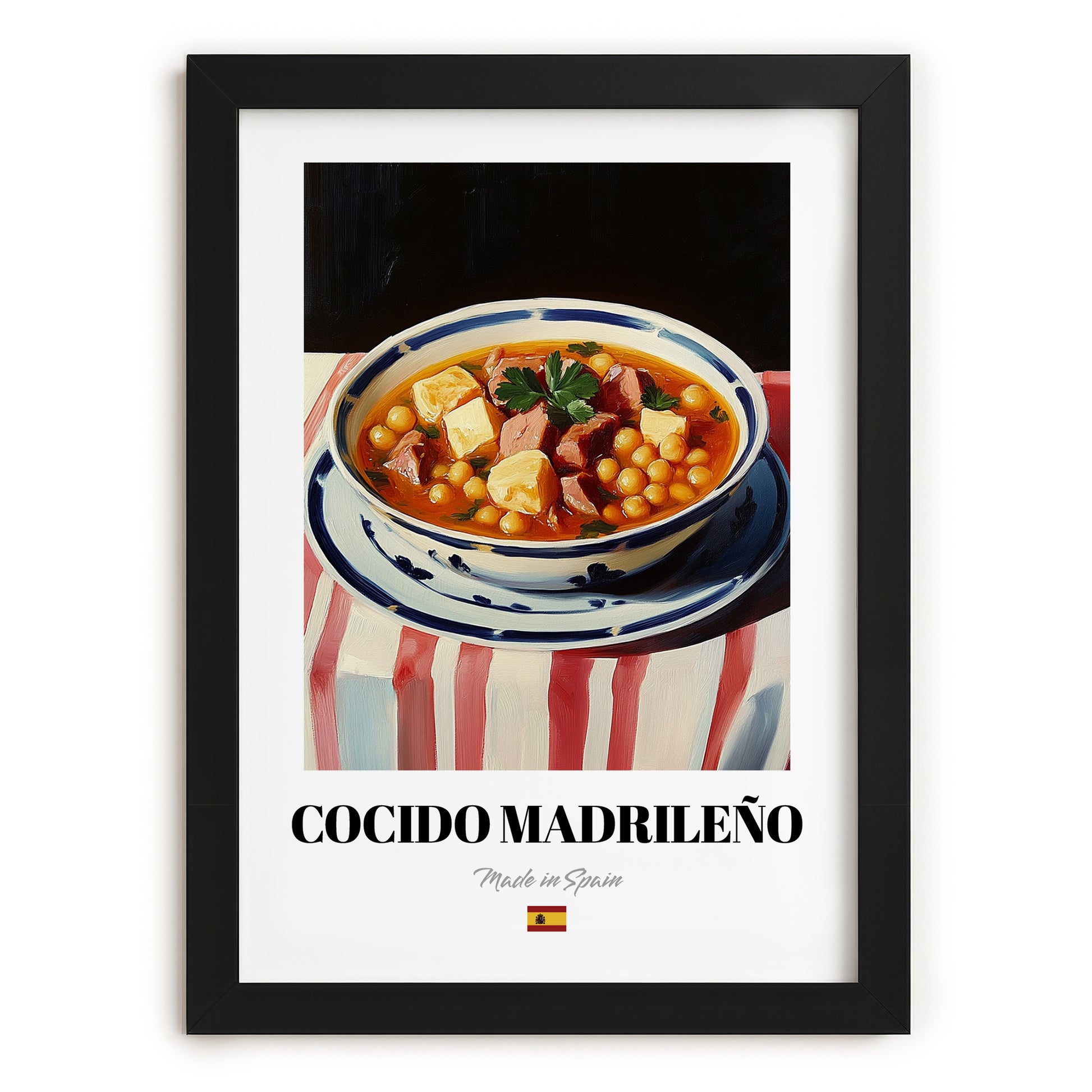 Cocido Madrileño – on Striped Tablecloth, Spanish Food Still Life, in sleek black frame