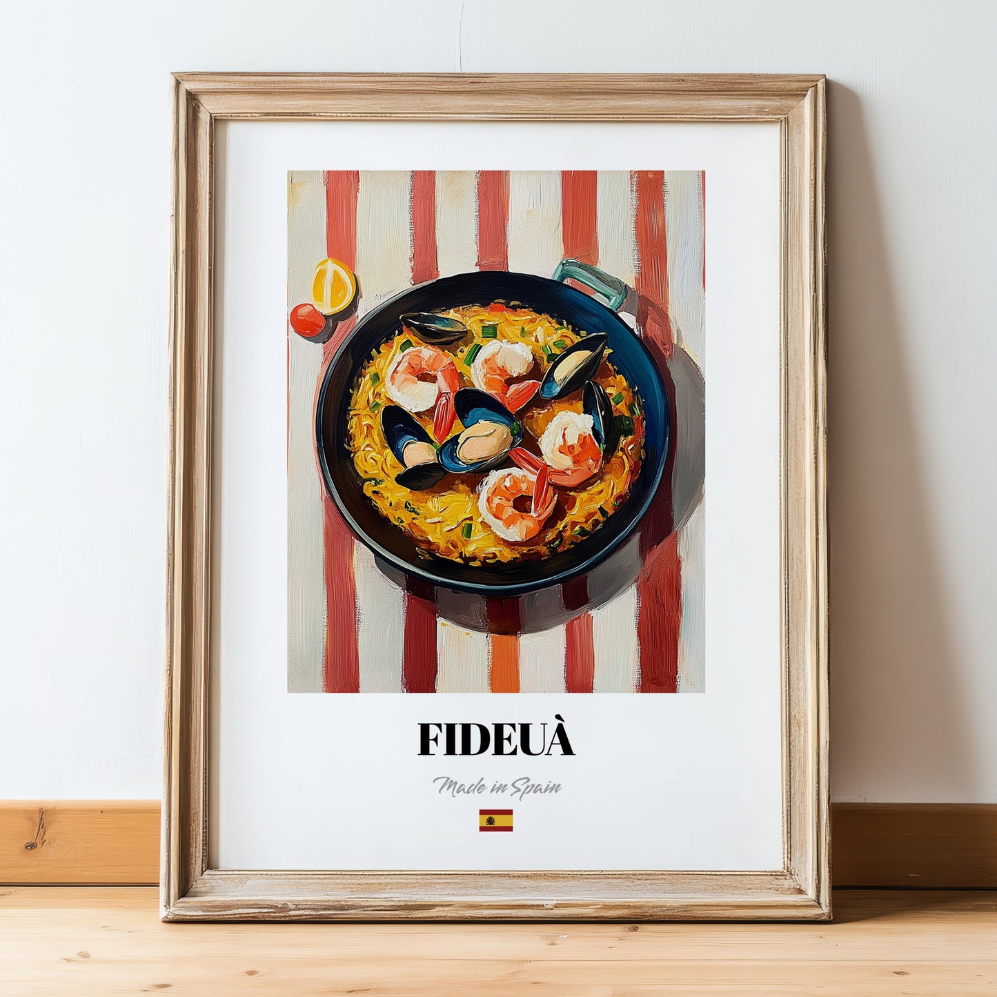 Fideuà – on Striped Tablecloth, Spanish Pasta Wall Print, in wooden frame leaning on the floor