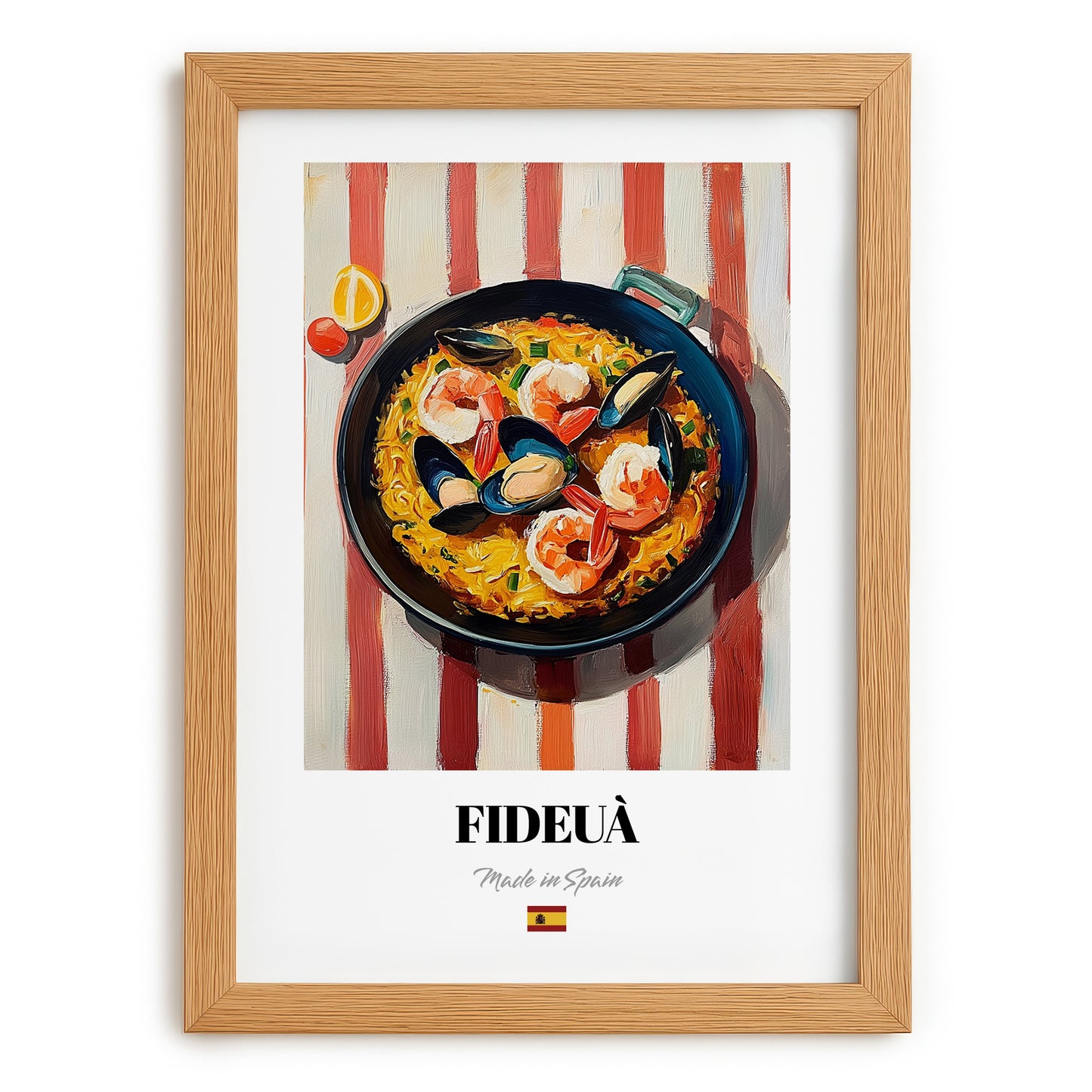 Fideuà – on Striped Tablecloth, Spanish Pasta Wall Print, set in oak frame