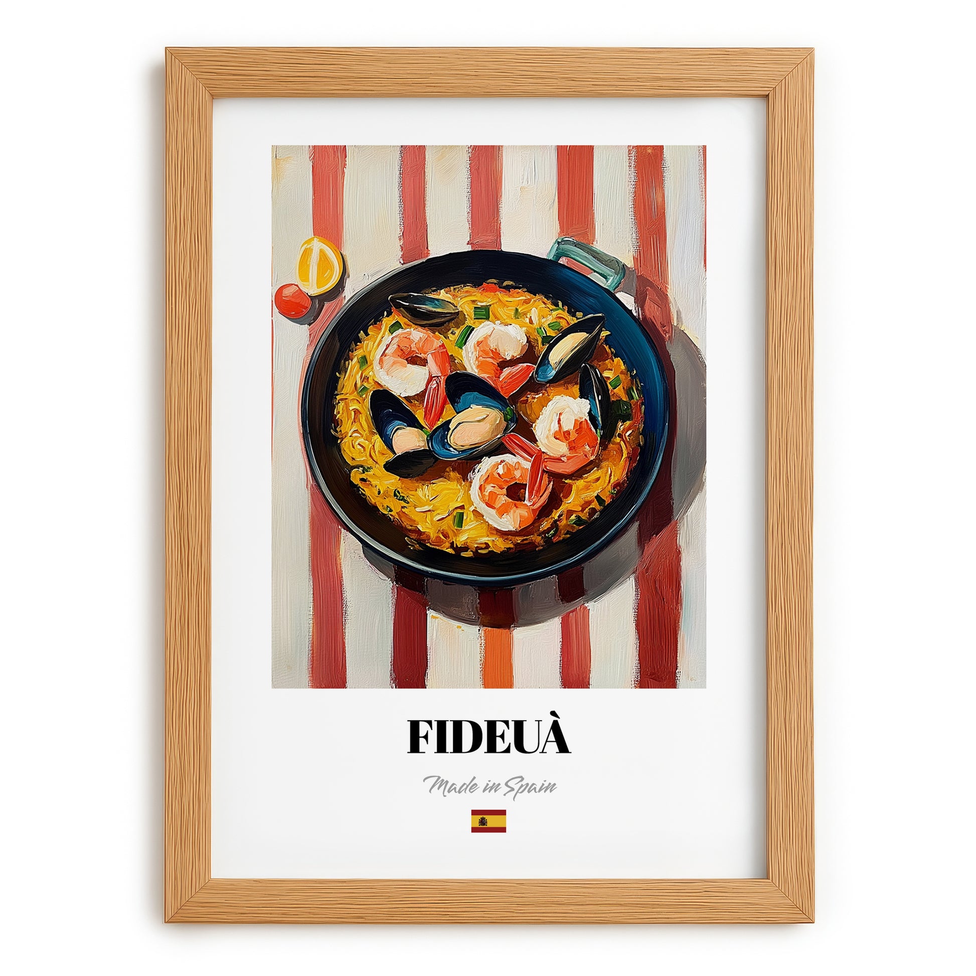 Fideuà – on Striped Tablecloth, Spanish Pasta Wall Print, set in oak frame