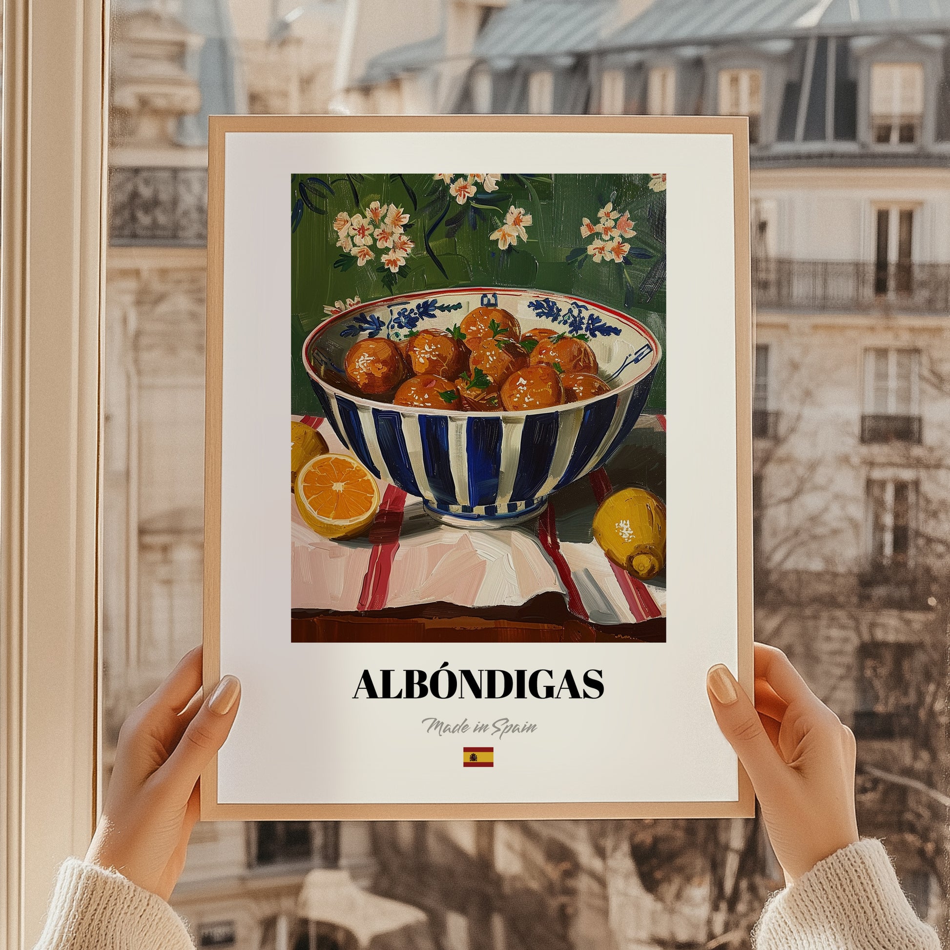 Albóndigas – Art, Spanish Food Wall Art, styled in a charming Paris street view