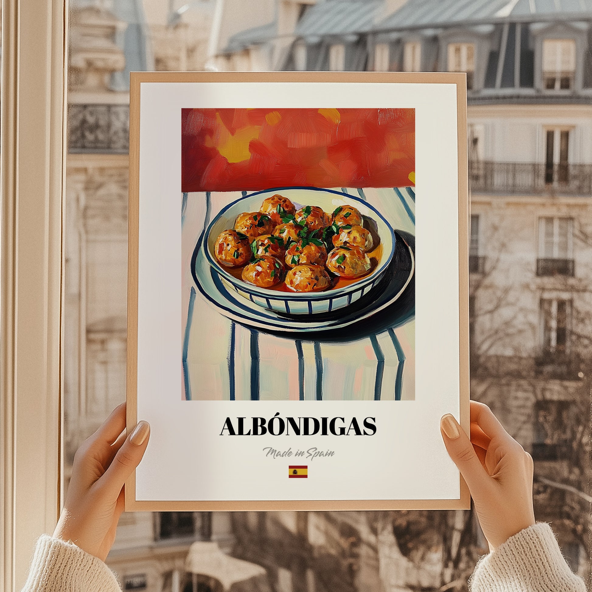 Albóndigas – Colorful Oil Painting, Spanish Food Poster, styled in a charming Paris street view