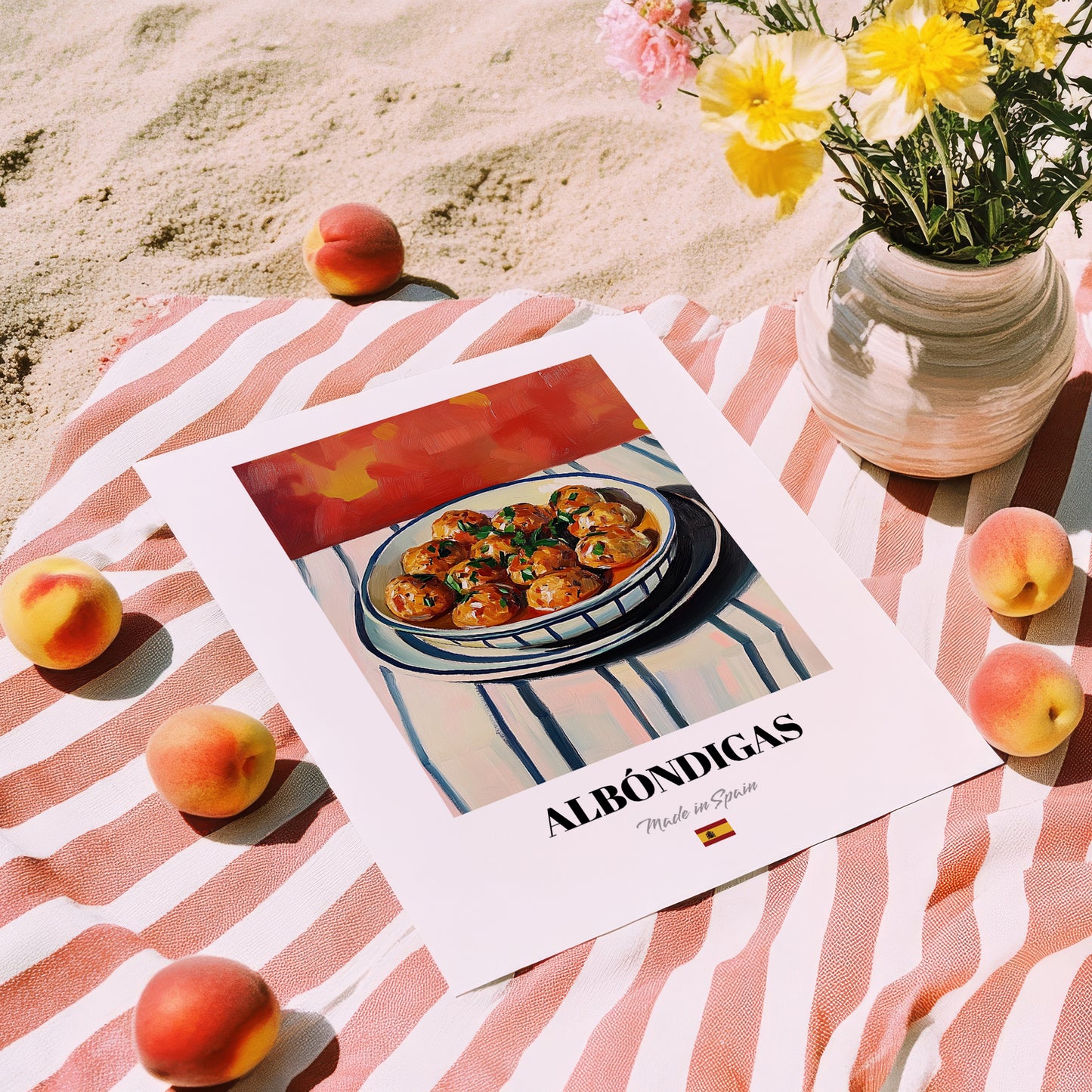 Albóndigas – Colorful Oil Painting, Spanish Food Poster, unframed on coastal sand