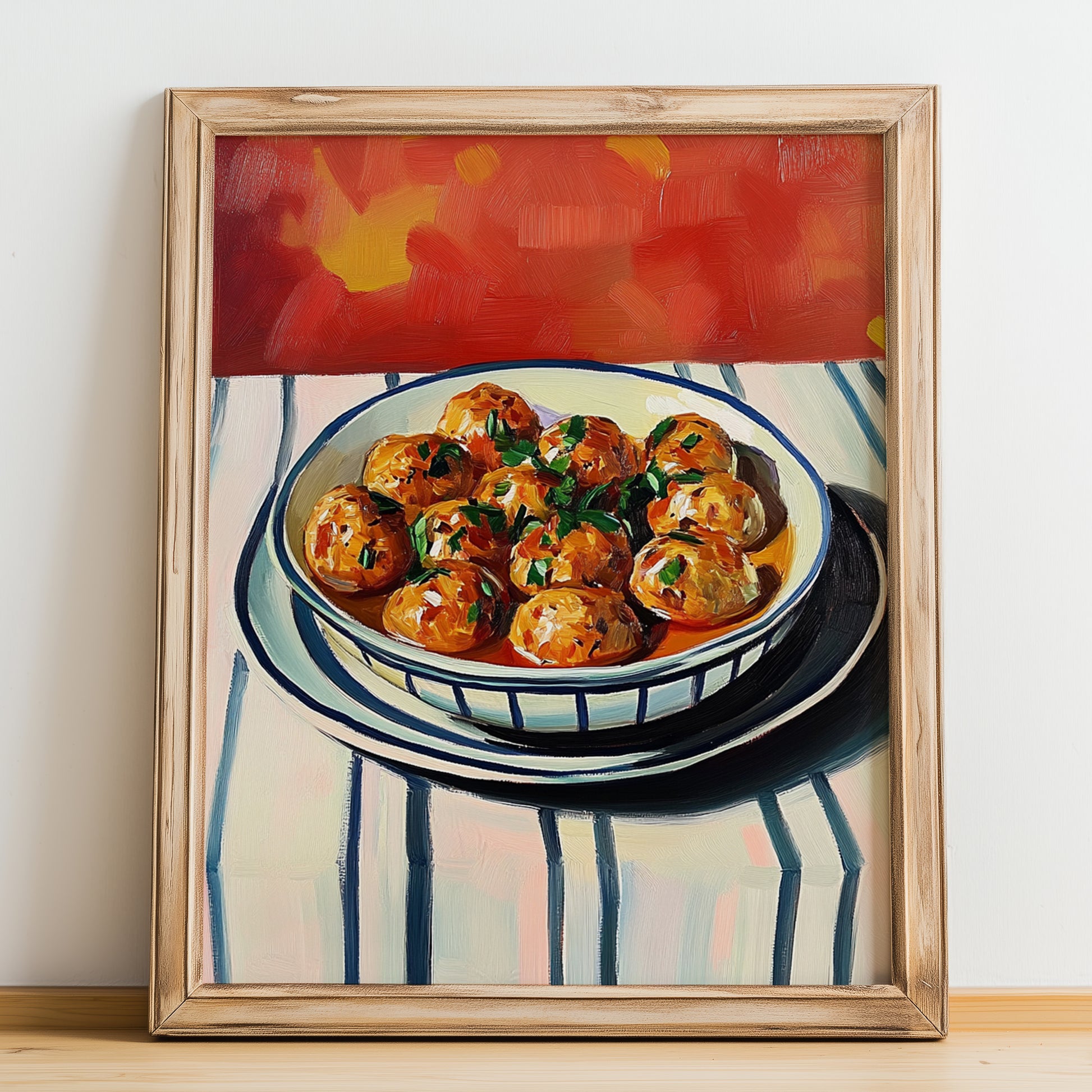 Albóndigas – Colorful Oil Painting, Spanish Food Poster, no-text version framed in wood