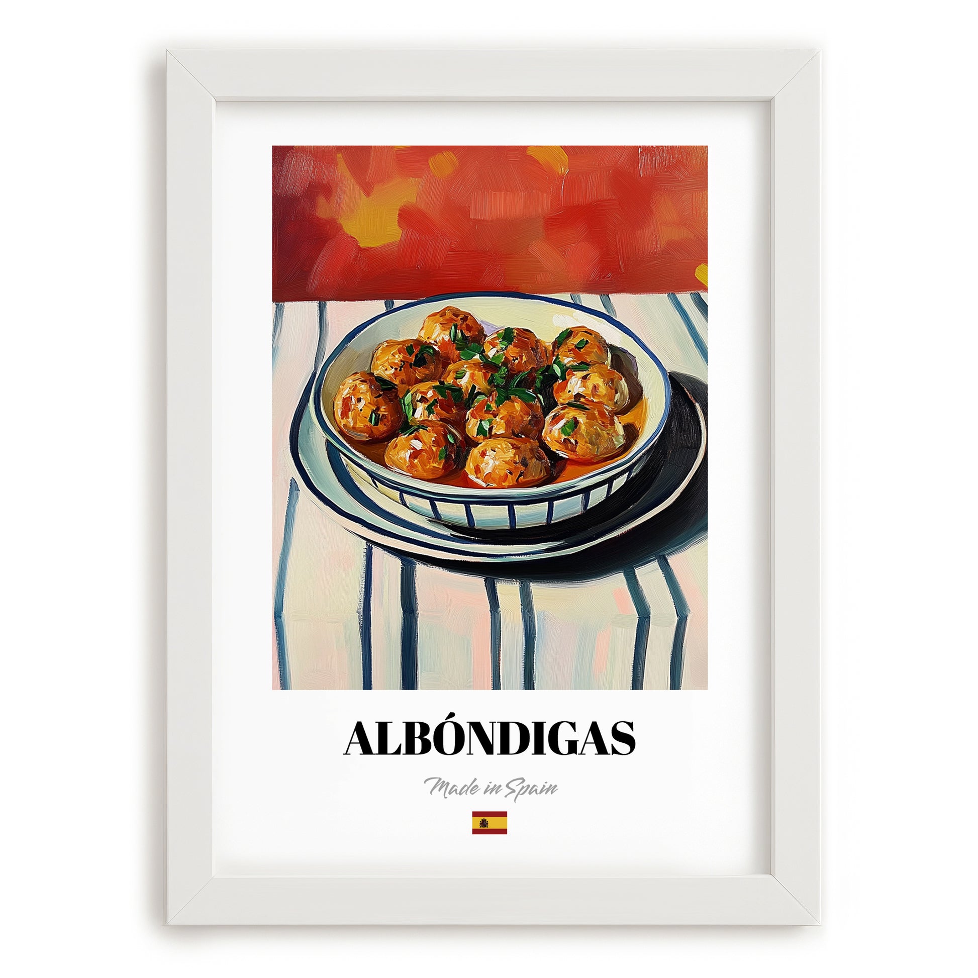 Albóndigas – Colorful Oil Painting, Spanish Food Poster, placed in minimal white frame