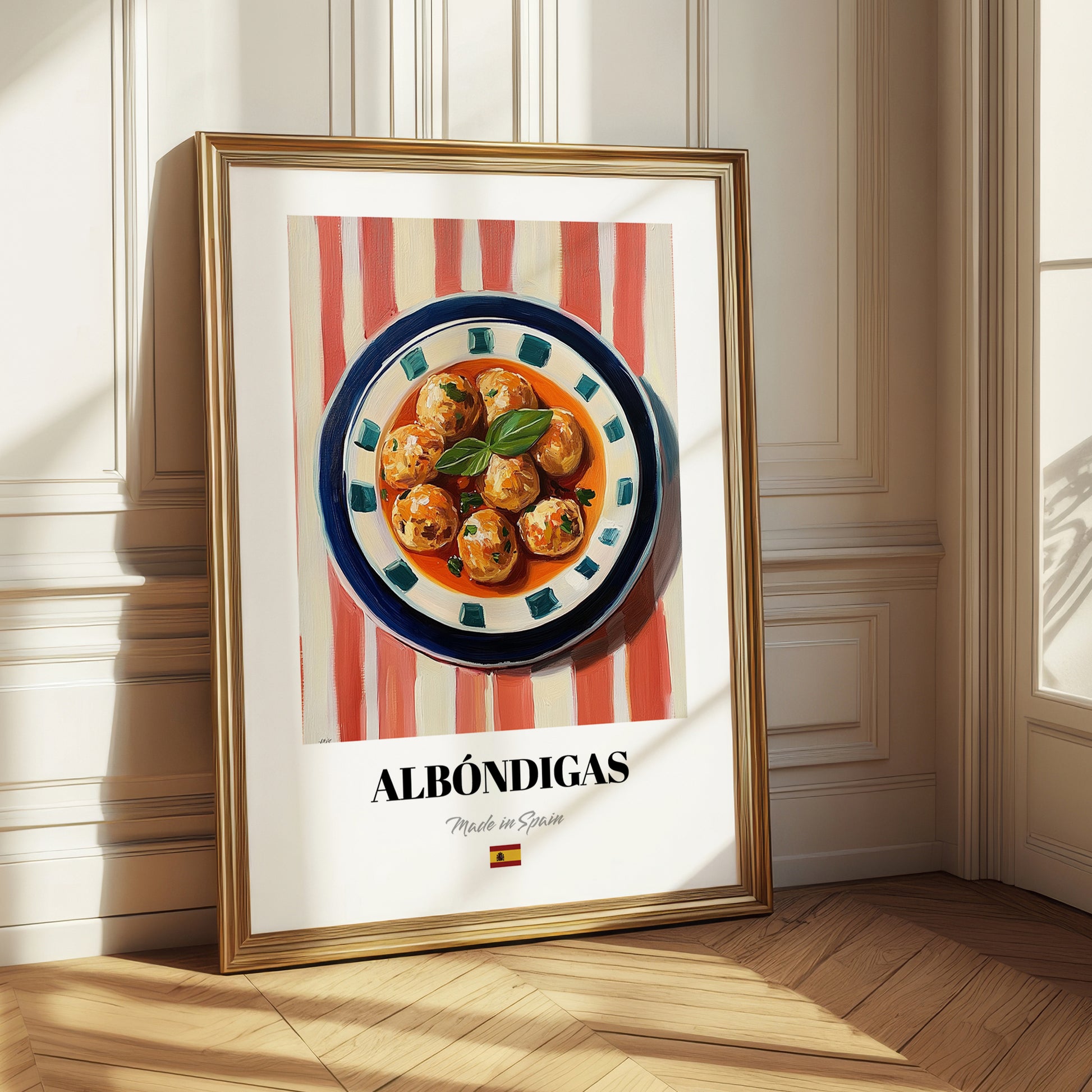 Albóndigas – on Striped Tablecloth, Spanish Food Wall Decor