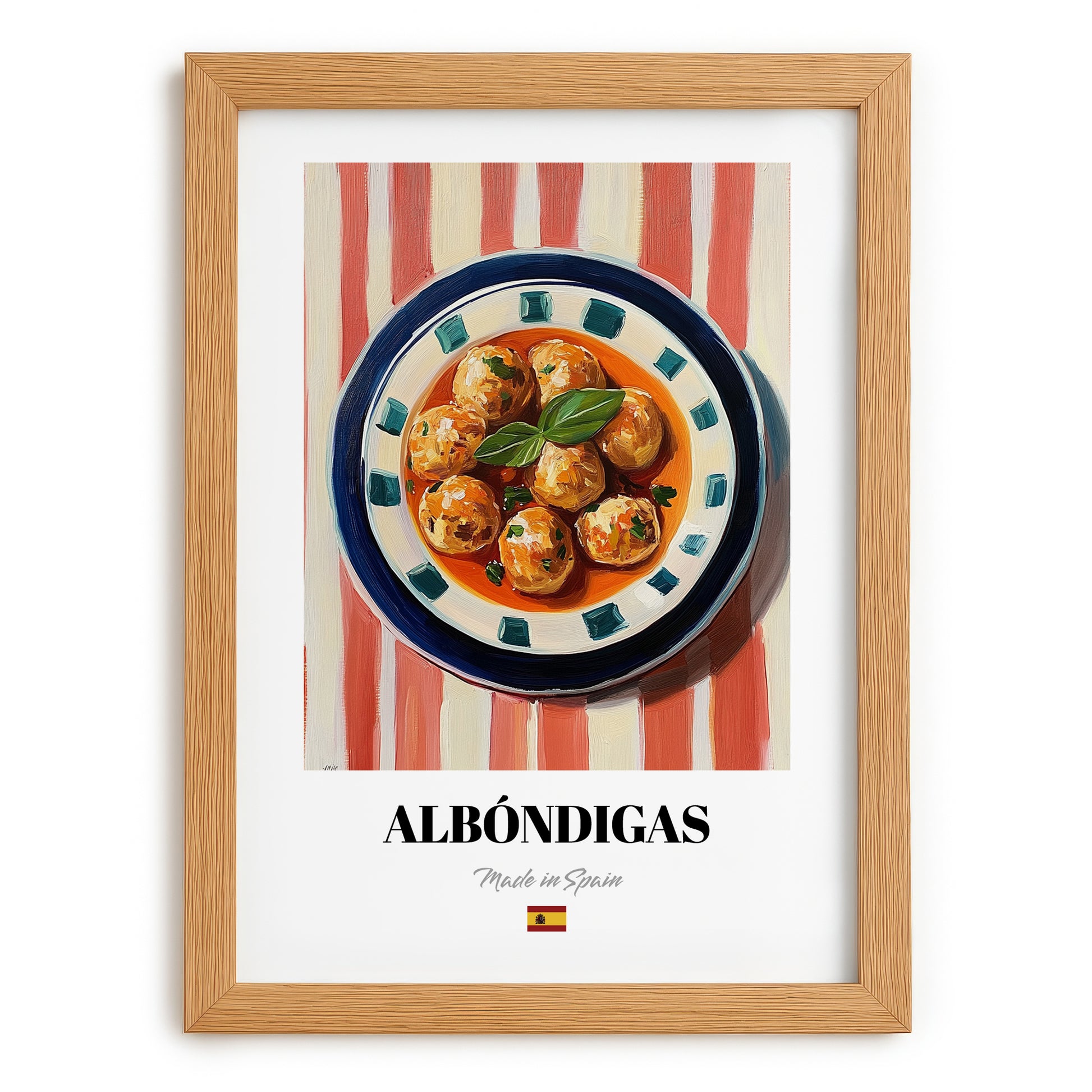 Albóndigas – on Striped Tablecloth, Spanish Food Wall Decor, set in oak frame