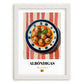 Albóndigas – on Striped Tablecloth, Spanish Food Wall Decor, placed in minimal white frame