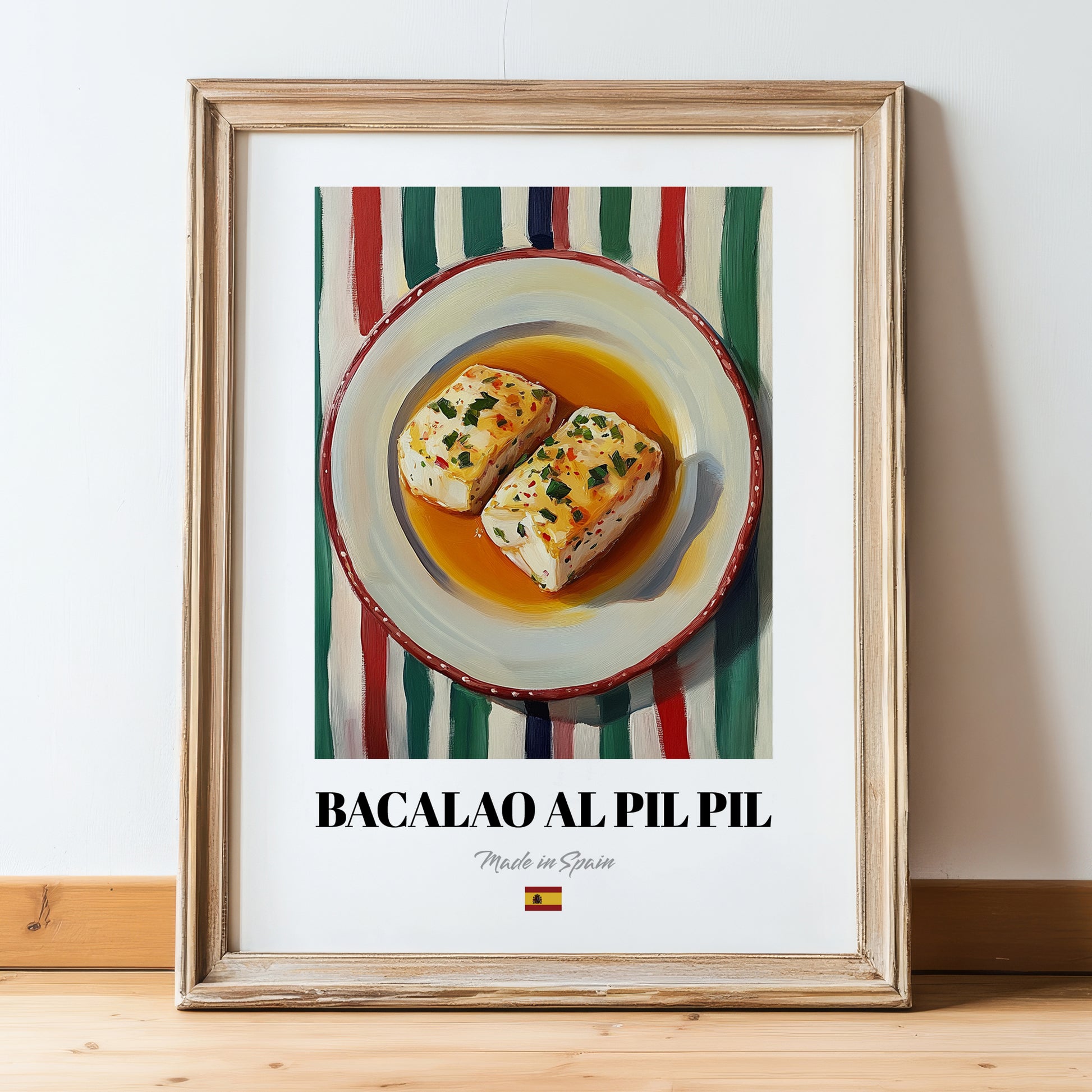 Bacalao al Pil Pil – on Striped Tablecloth, Spanish Food Wall Decor, in wooden frame leaning on the floor
