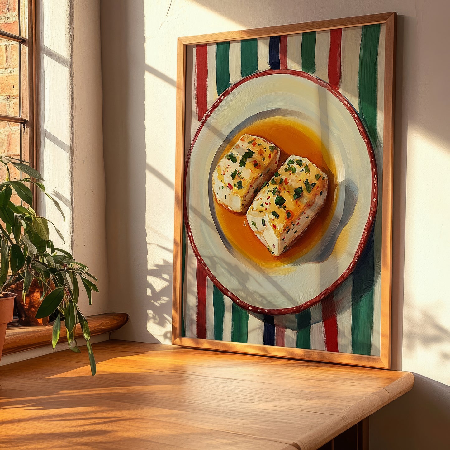 Bacalao al Pil Pil – on Striped Tablecloth, Spanish Food Wall Decor, clean layout with no caption