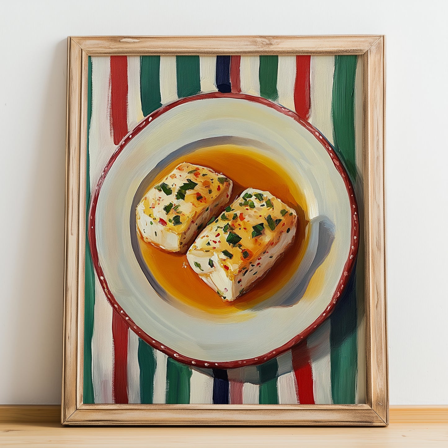 Bacalao al Pil Pil – on Striped Tablecloth, Spanish Food Wall Decor, no-text version framed in wood