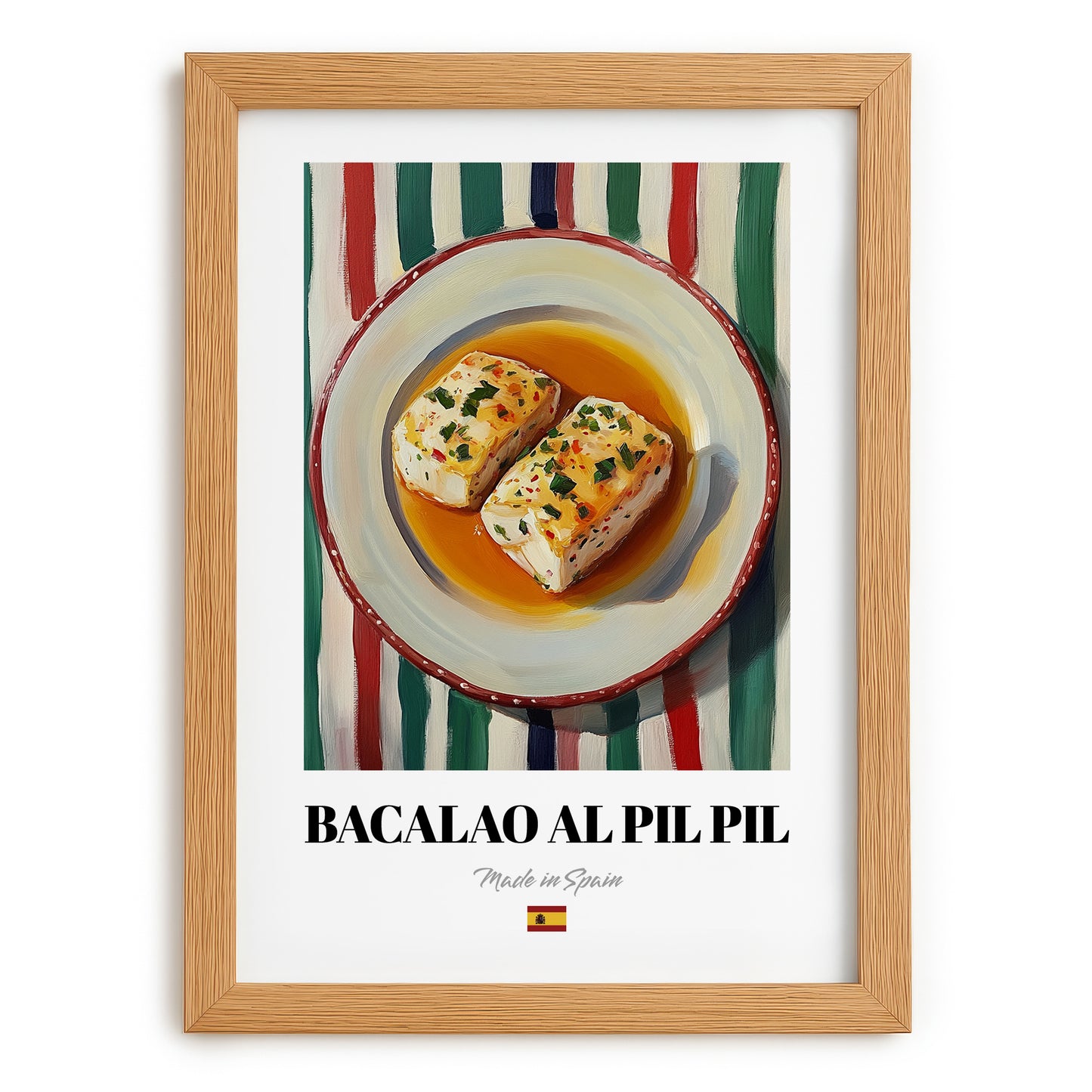 Bacalao al Pil Pil – on Striped Tablecloth, Spanish Food Wall Decor, set in oak frame