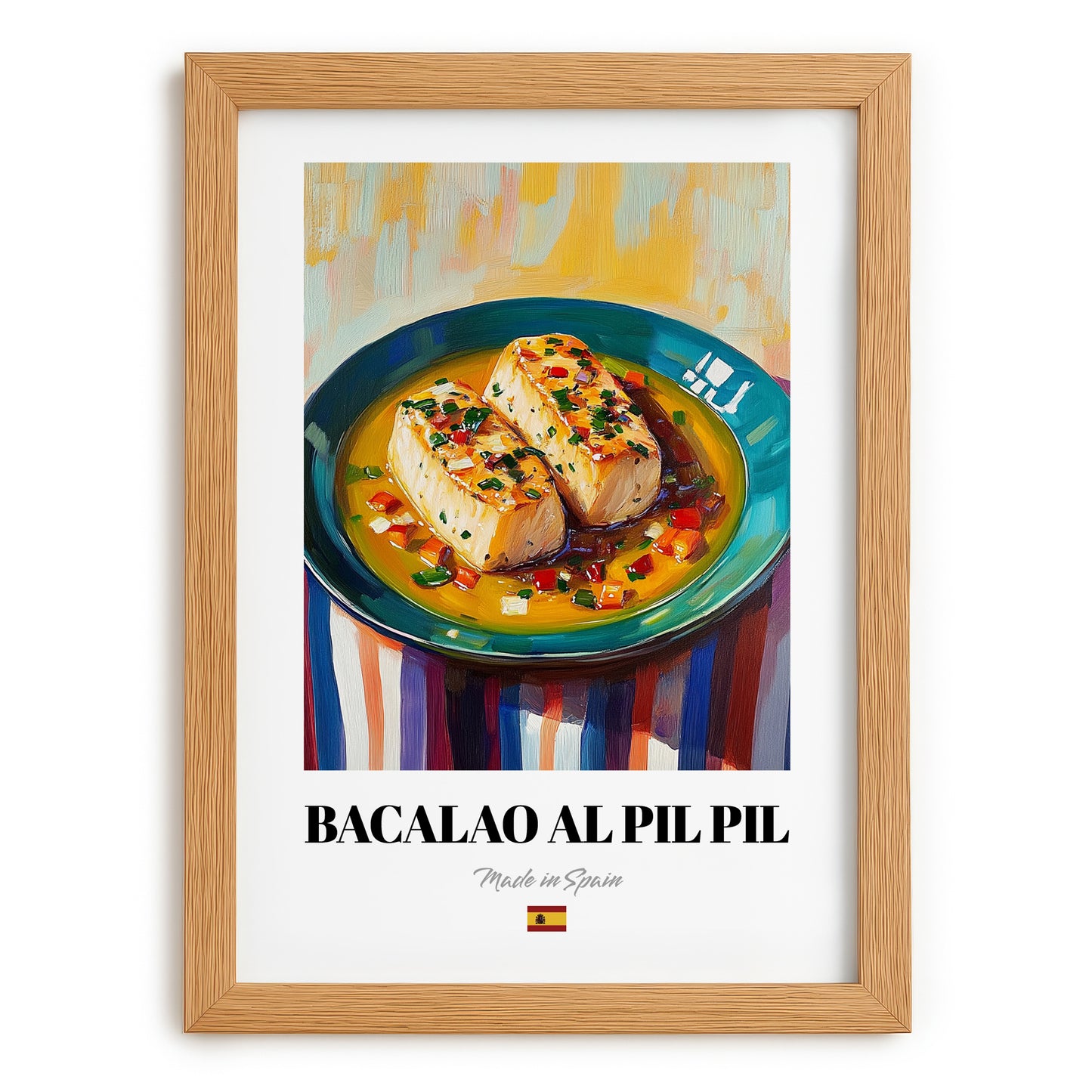 Bacalao al Pil Pil – Oil Painting, Spanish Food Poster, set in oak frame