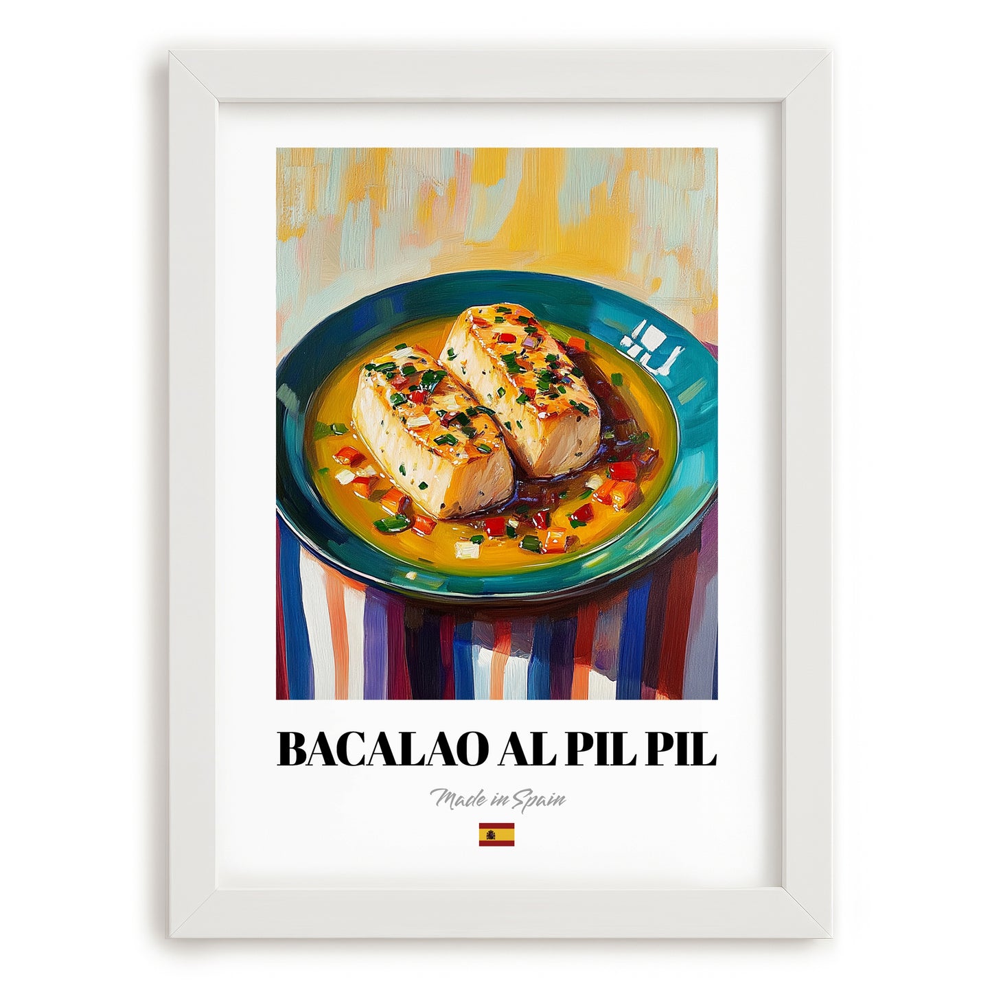 Bacalao al Pil Pil – Oil Painting, Spanish Food Poster, placed in minimal white frame