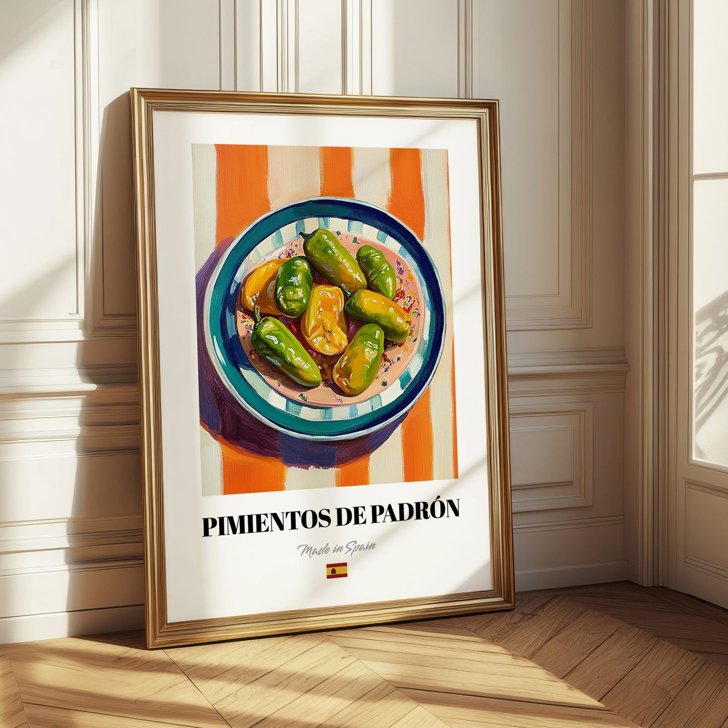 Pimientos de Padrón – on Striped Tablecloth, Spanish Food Wall Decor