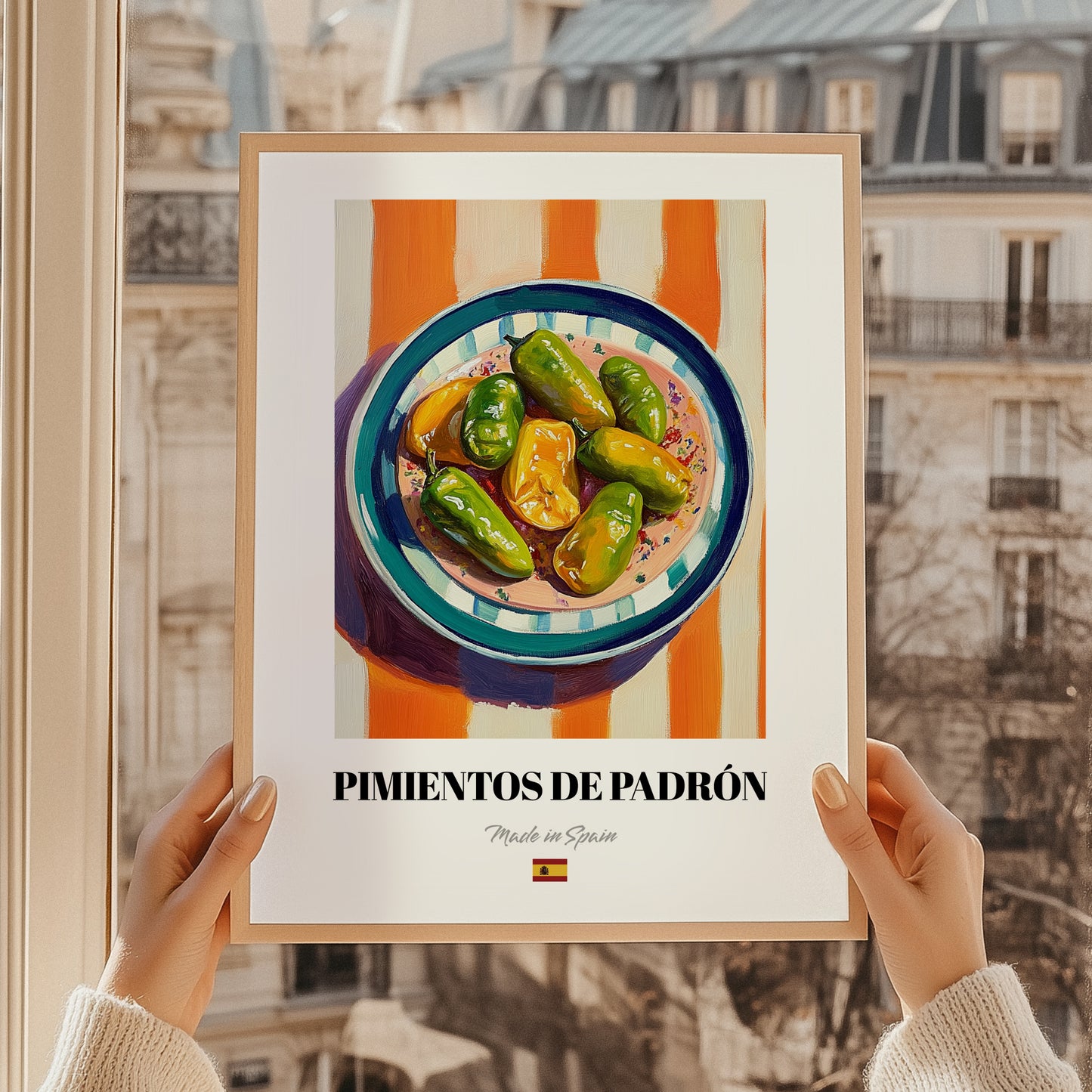 Pimientos de Padrón – on Striped Tablecloth, Spanish Food Wall Decor, styled in a charming Paris street view