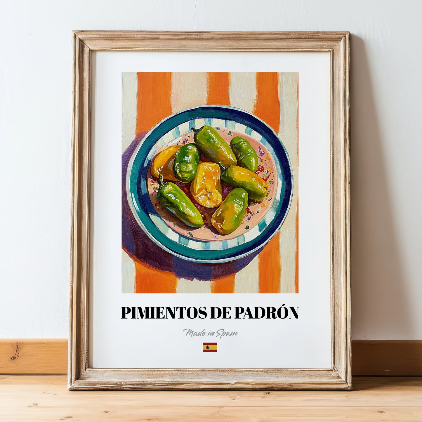 Pimientos de Padrón – on Striped Tablecloth, Spanish Food Wall Decor, in wooden frame leaning on the floor