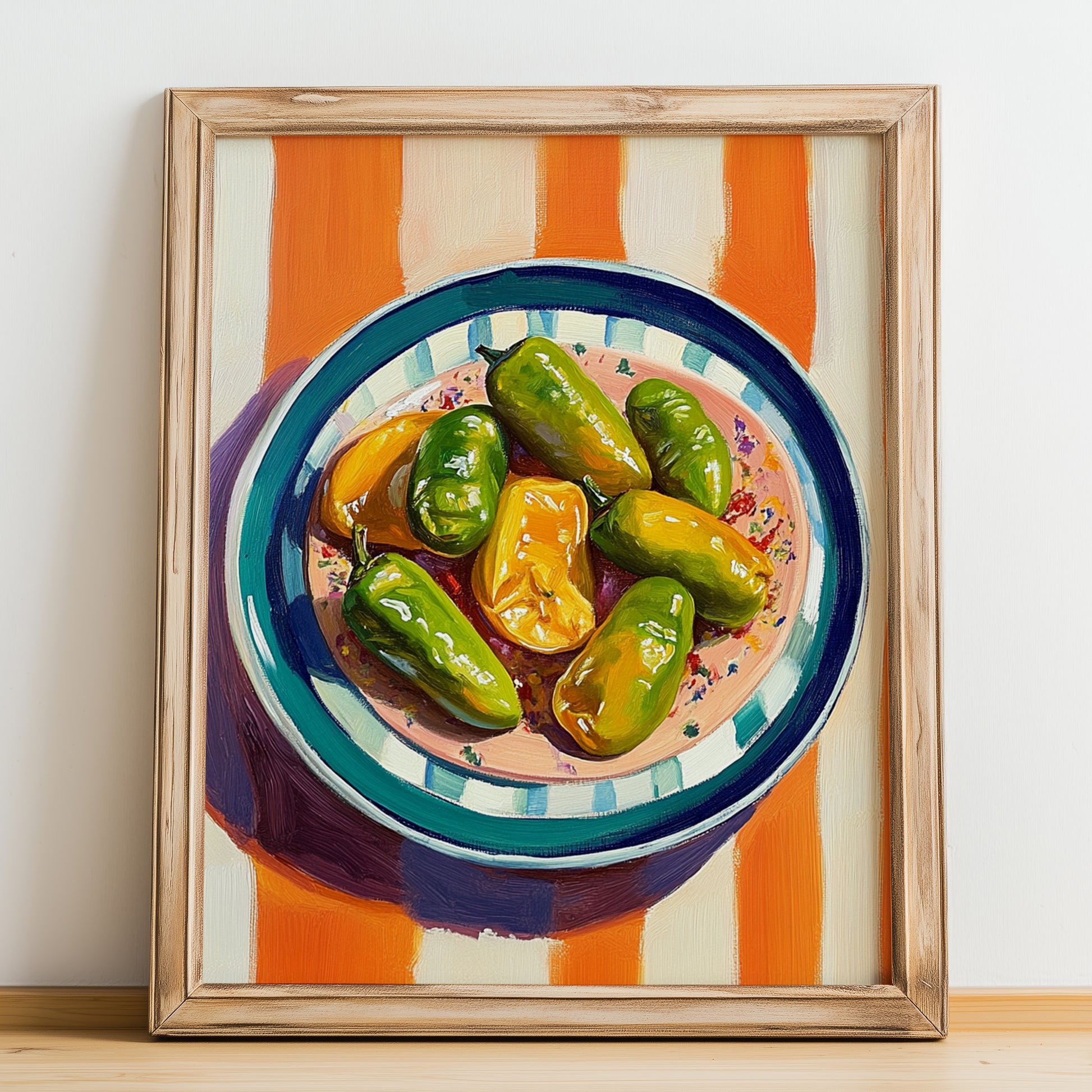 Pimientos de Padrón – on Striped Tablecloth, Spanish Food Wall Decor, no-text version framed in wood