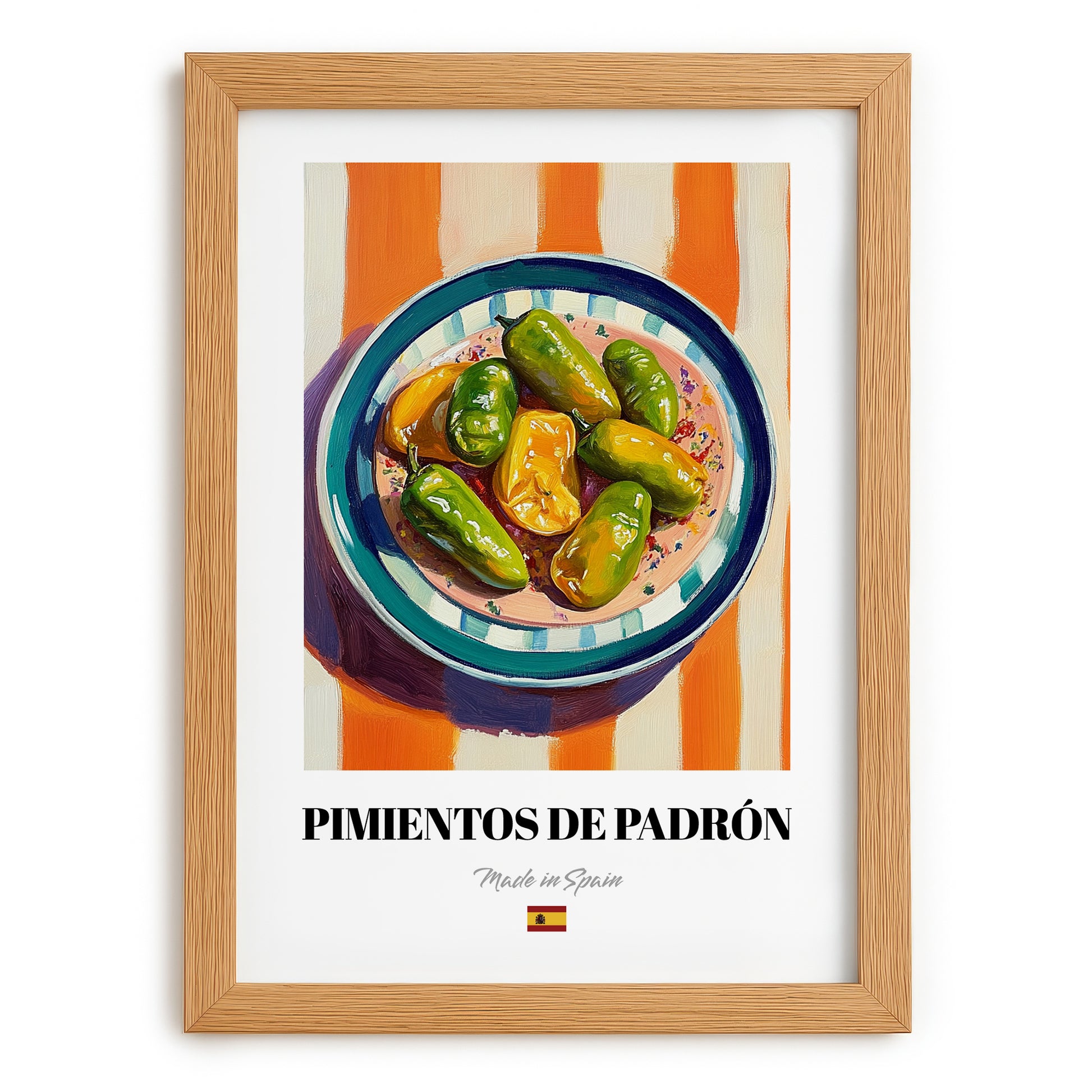 Pimientos de Padrón – on Striped Tablecloth, Spanish Food Wall Decor, set in oak frame