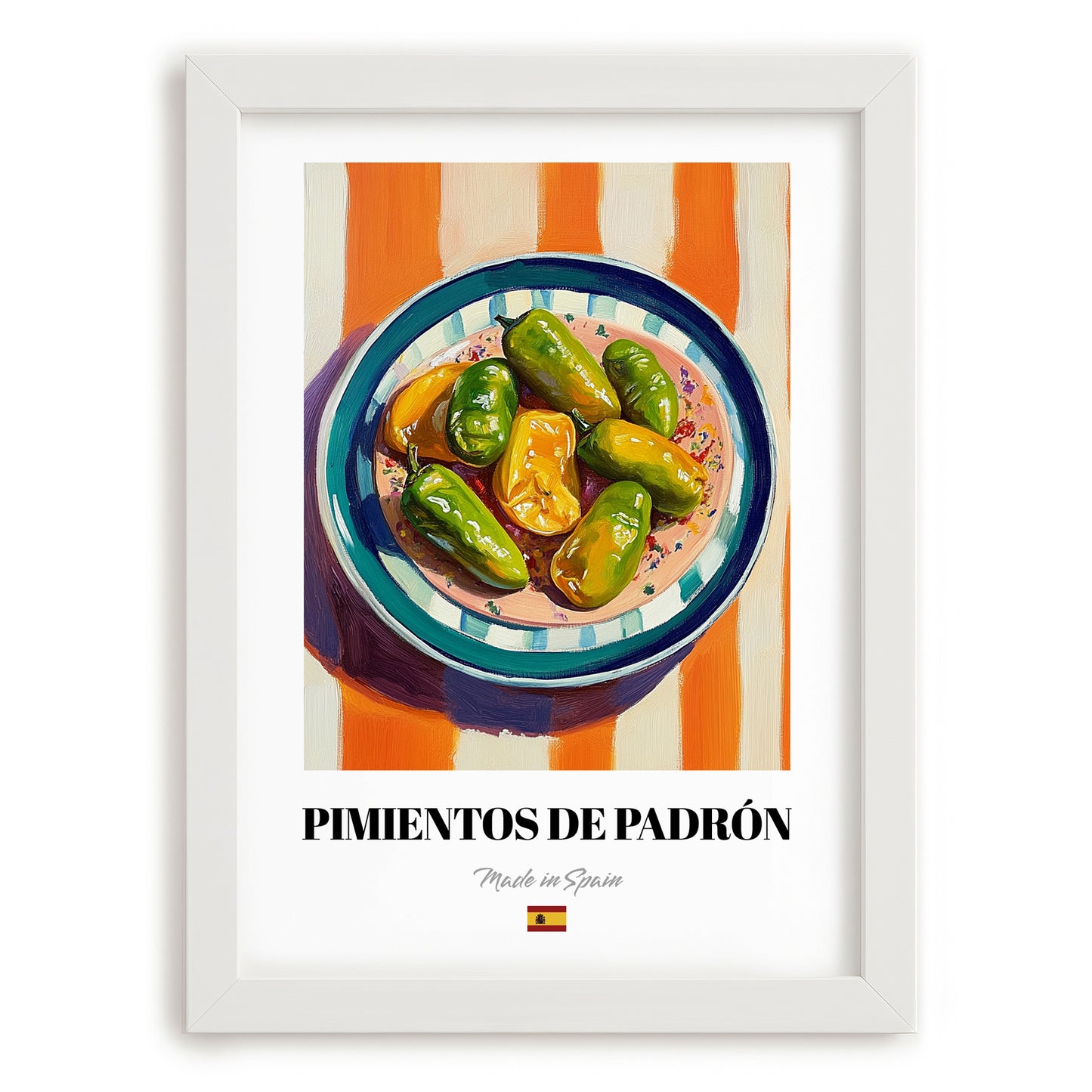 Pimientos de Padrón – on Striped Tablecloth, Spanish Food Wall Decor, placed in minimal white frame