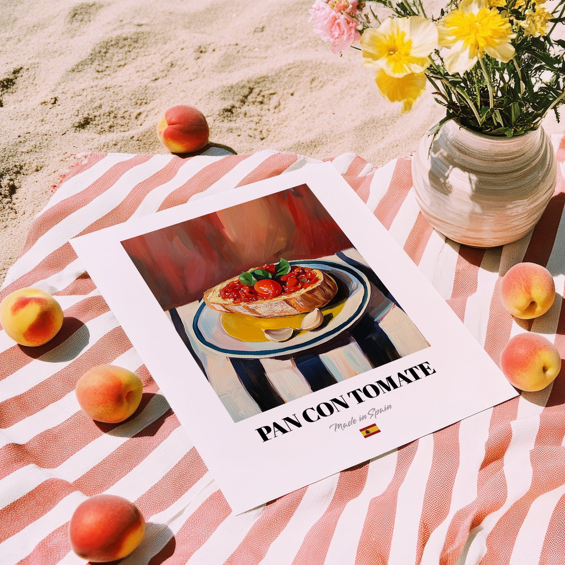 Pan con Tomate – on Striped Tablecloth, Spanish Food Illustration, unframed on coastal sand