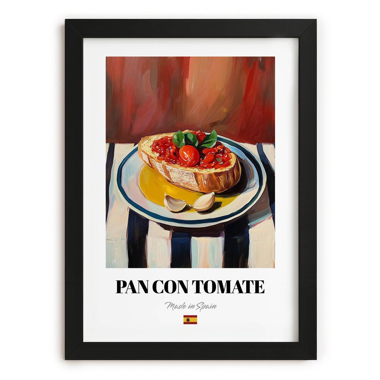 Pan con Tomate – on Striped Tablecloth, Spanish Food Illustration, in sleek black frame
