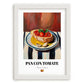 Pan con Tomate – on Striped Tablecloth, Spanish Food Illustration, placed in minimal white frame