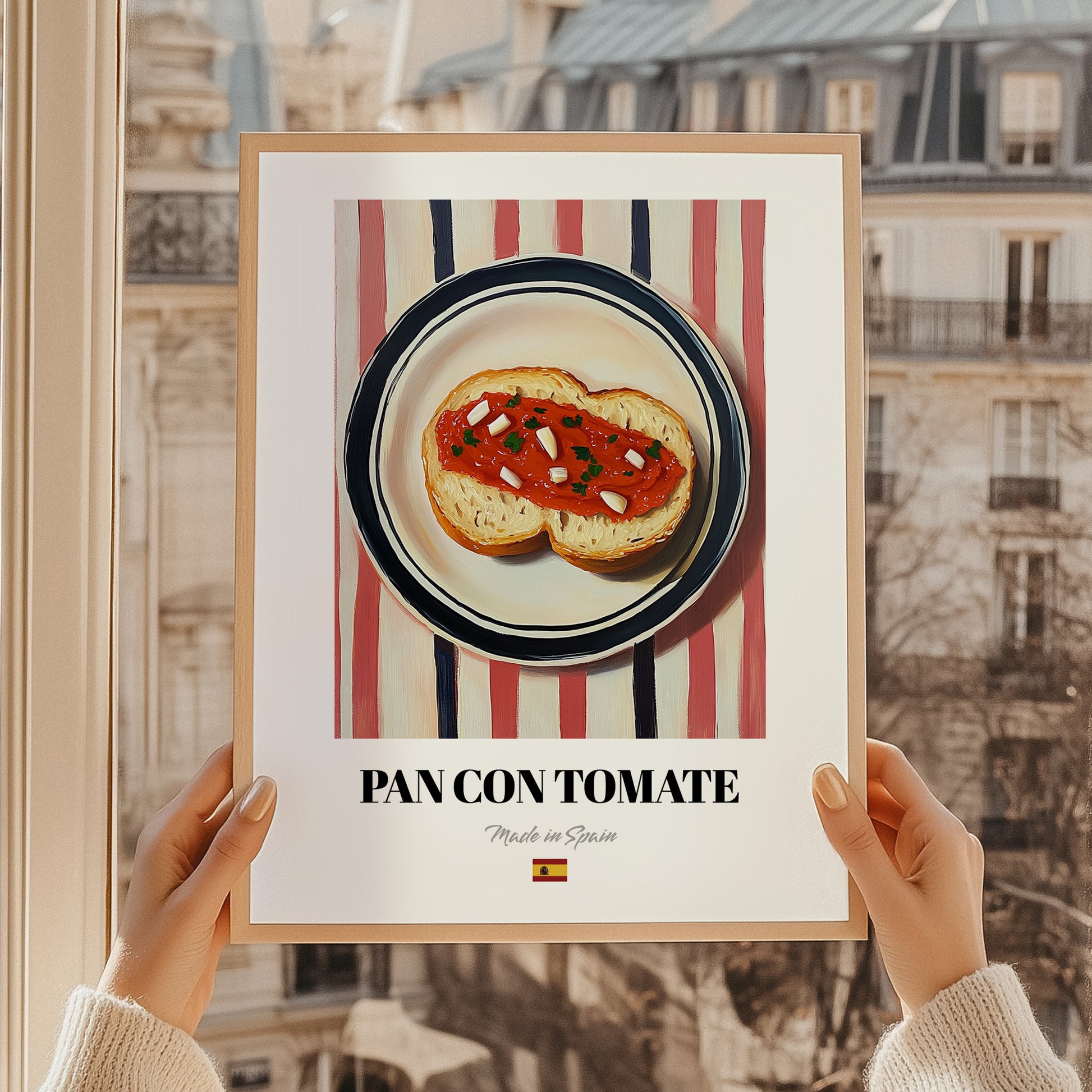 Pan con Tomate – on Striped Tablecloth, Spanish Food Wall Decor, styled in a charming Paris street view