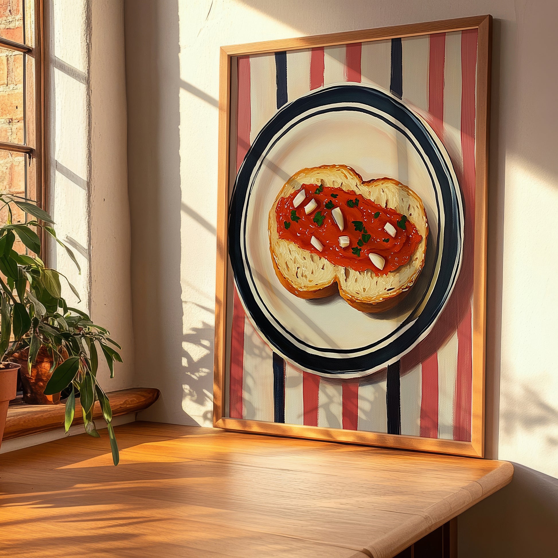 Pan con Tomate – on Striped Tablecloth, Spanish Food Wall Decor, clean layout with no caption