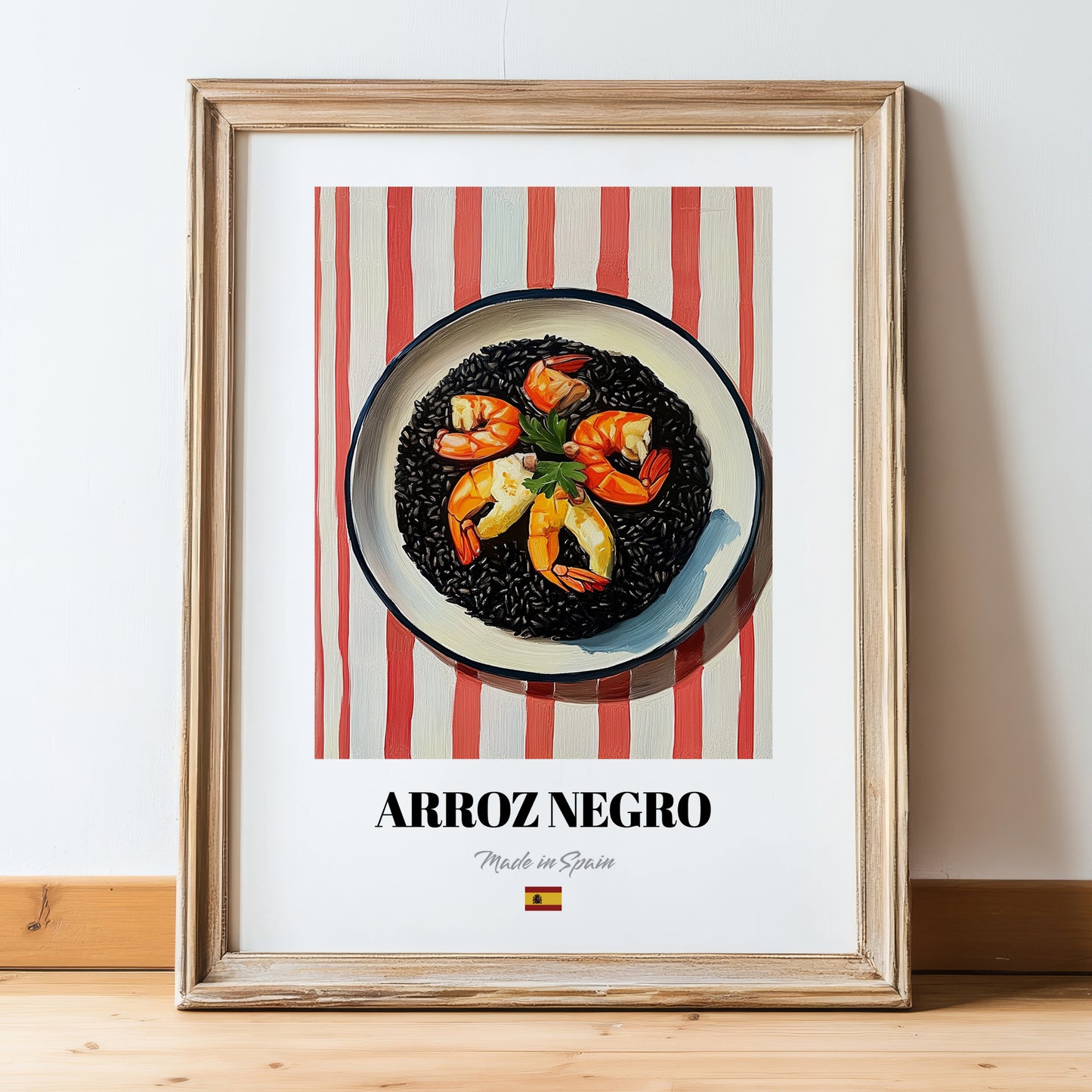 Arroz Negro – on Striped Tablecloth, Spanish Food Print, in wooden frame leaning on the floor