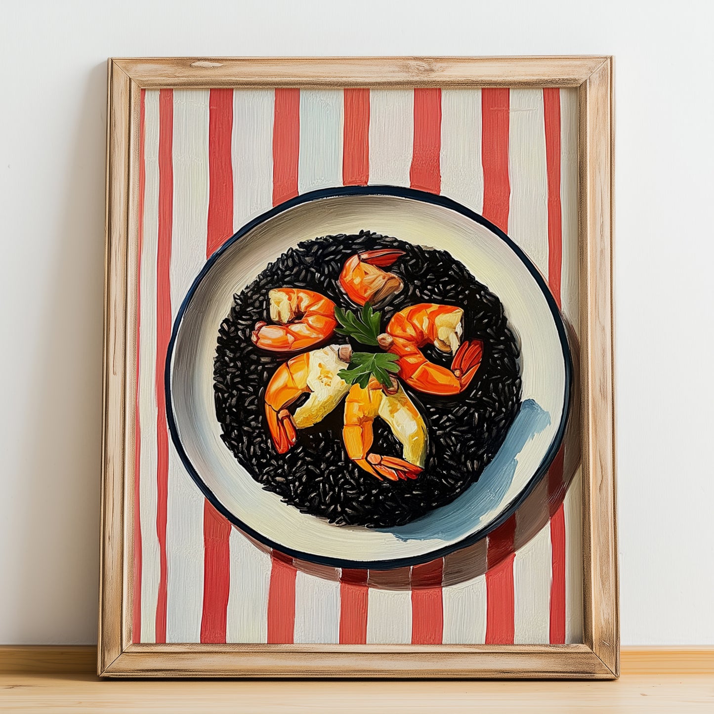 Arroz Negro – on Striped Tablecloth, Spanish Food Print, no-text version framed in wood