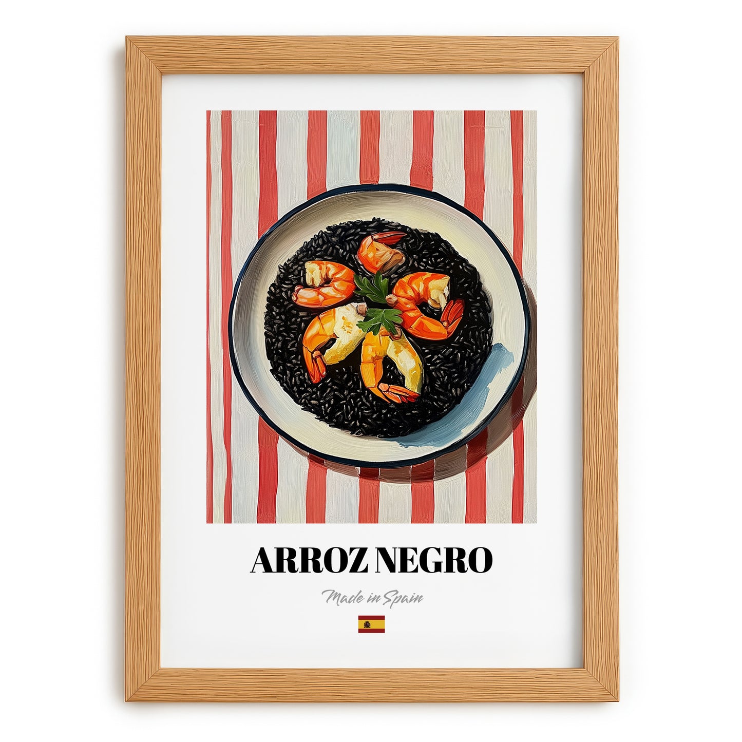 Arroz Negro – on Striped Tablecloth, Spanish Food Print, set in oak frame