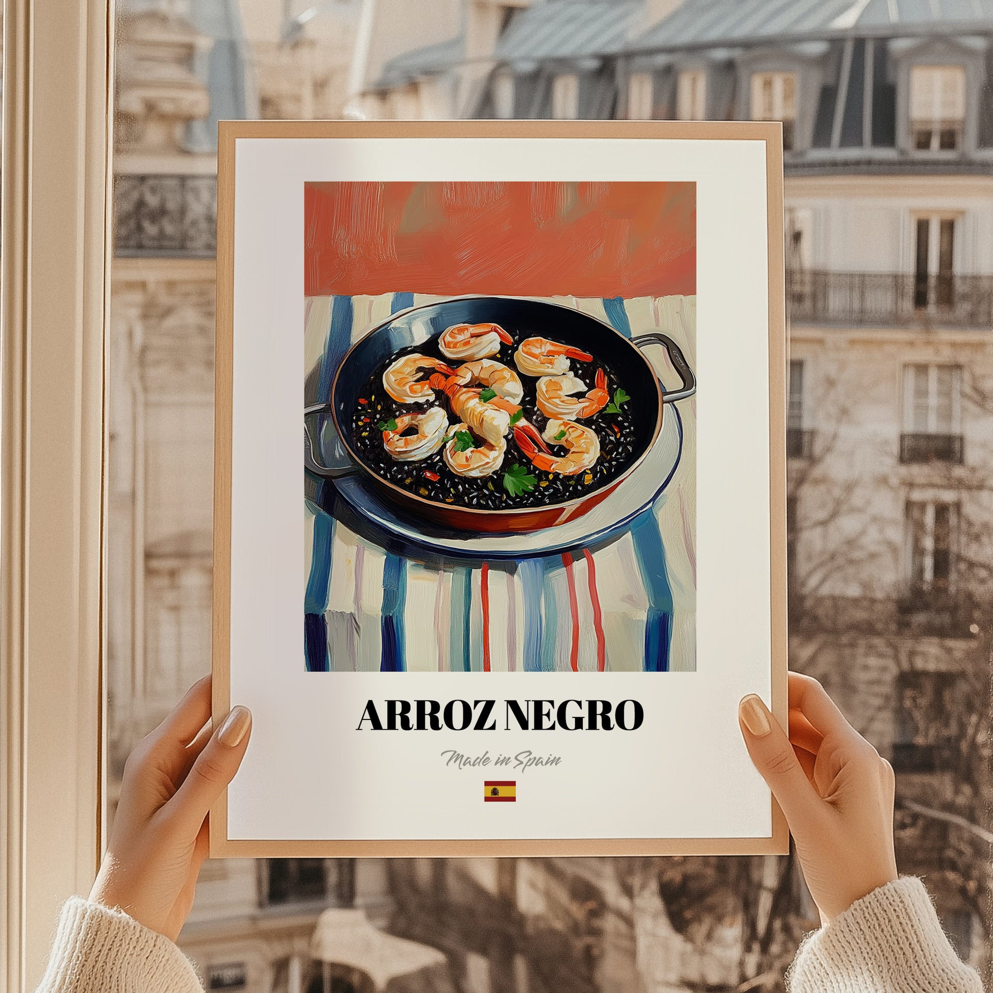 Arroz Negro – Oil Painting, Spanish Food Still Life, styled in a charming Paris street view