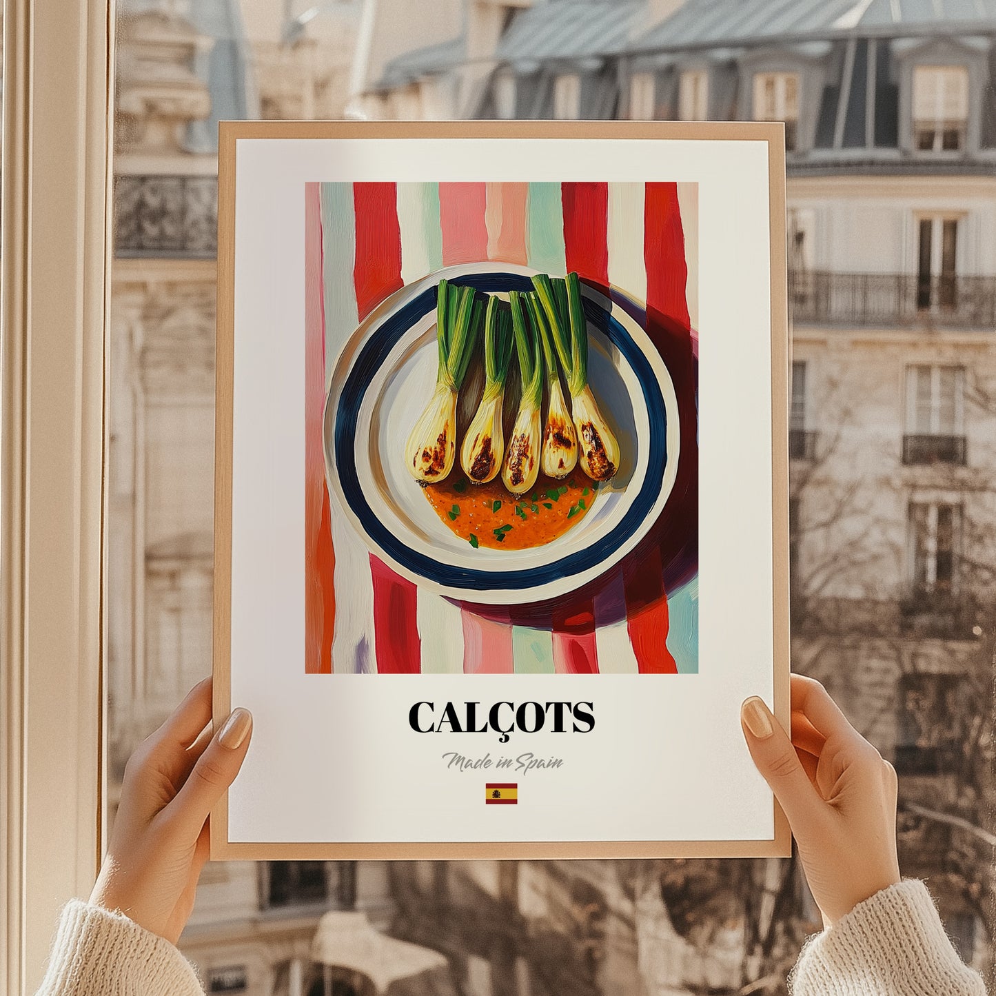 Calçots – on Striped Tablecloth, Spanish Food Still Life, styled in a charming Paris street view