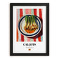 Calçots – on Striped Tablecloth, Spanish Food Still Life, in sleek black frame