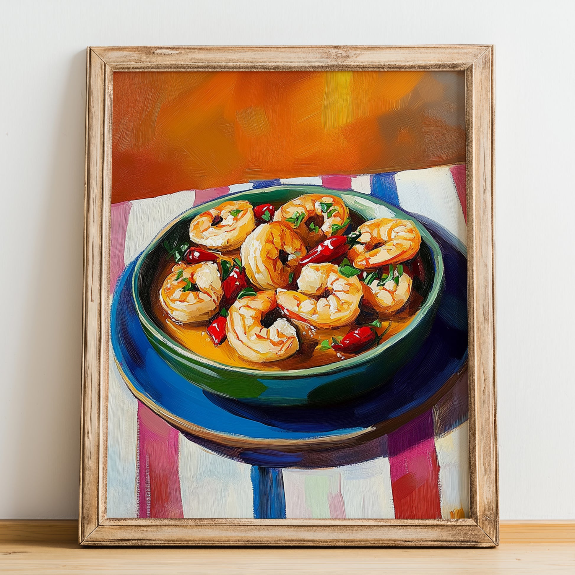 Gambas al Ajillo – Oil Painting, Spanish Food Wall Decor, no-text version framed in wood