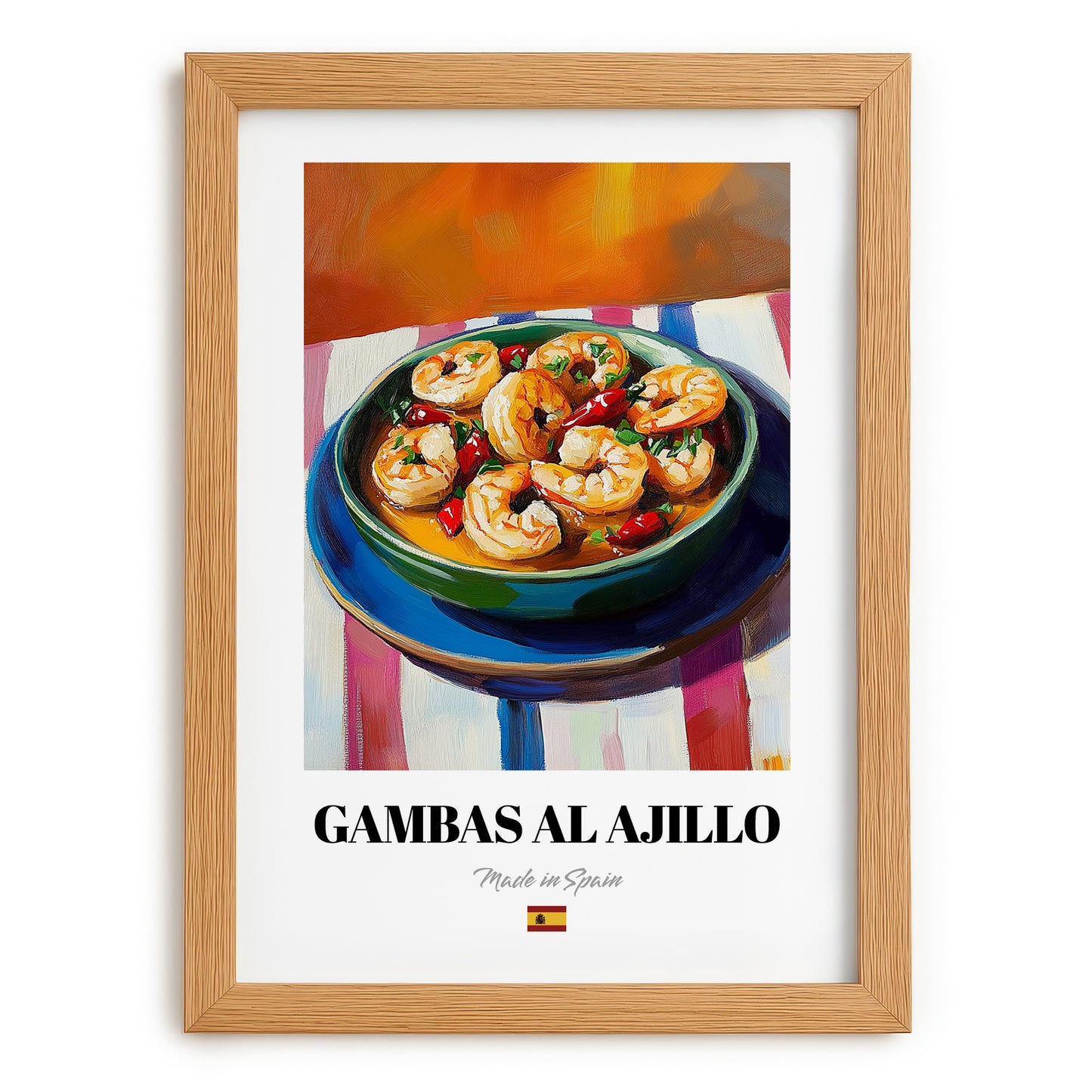 Gambas al Ajillo – Oil Painting, Spanish Food Wall Decor, set in oak frame