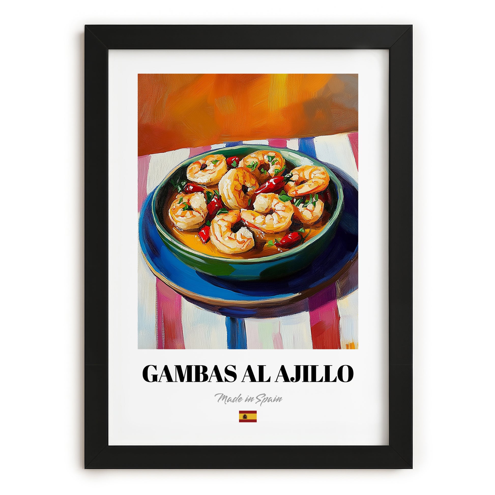 Gambas al Ajillo – Oil Painting, Spanish Food Wall Decor, in sleek black frame