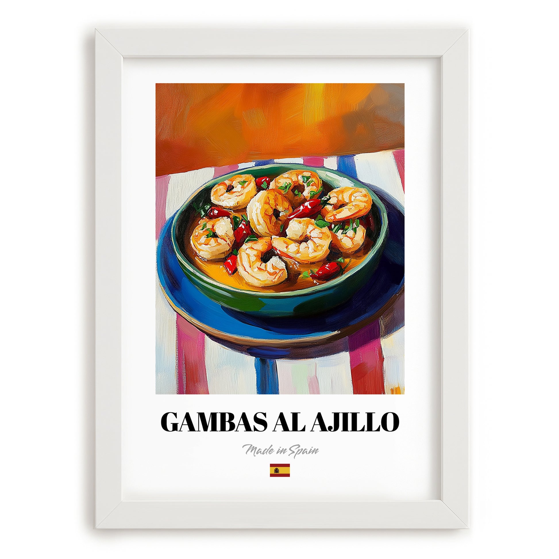 Gambas al Ajillo – Oil Painting, Spanish Food Wall Decor, placed in minimal white frame