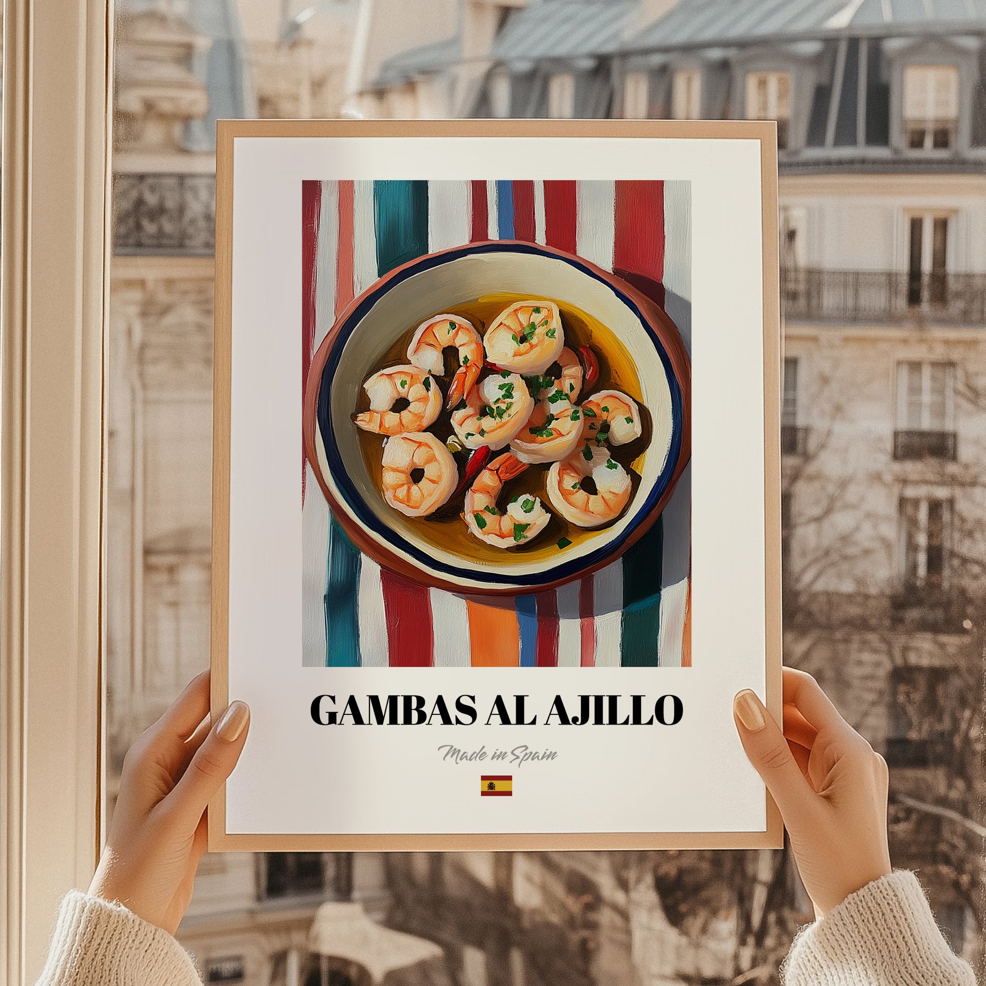Gambas al Ajillo – on Striped Tablecloth, Spanish Food Print, styled in a charming Paris street view