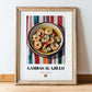 Gambas al Ajillo – on Striped Tablecloth, Spanish Food Print, in wooden frame leaning on the floor
