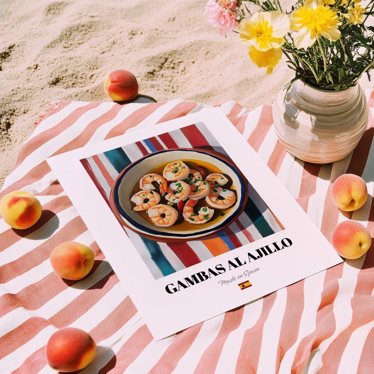 Gambas al Ajillo – on Striped Tablecloth, Spanish Food Print, unframed on coastal sand