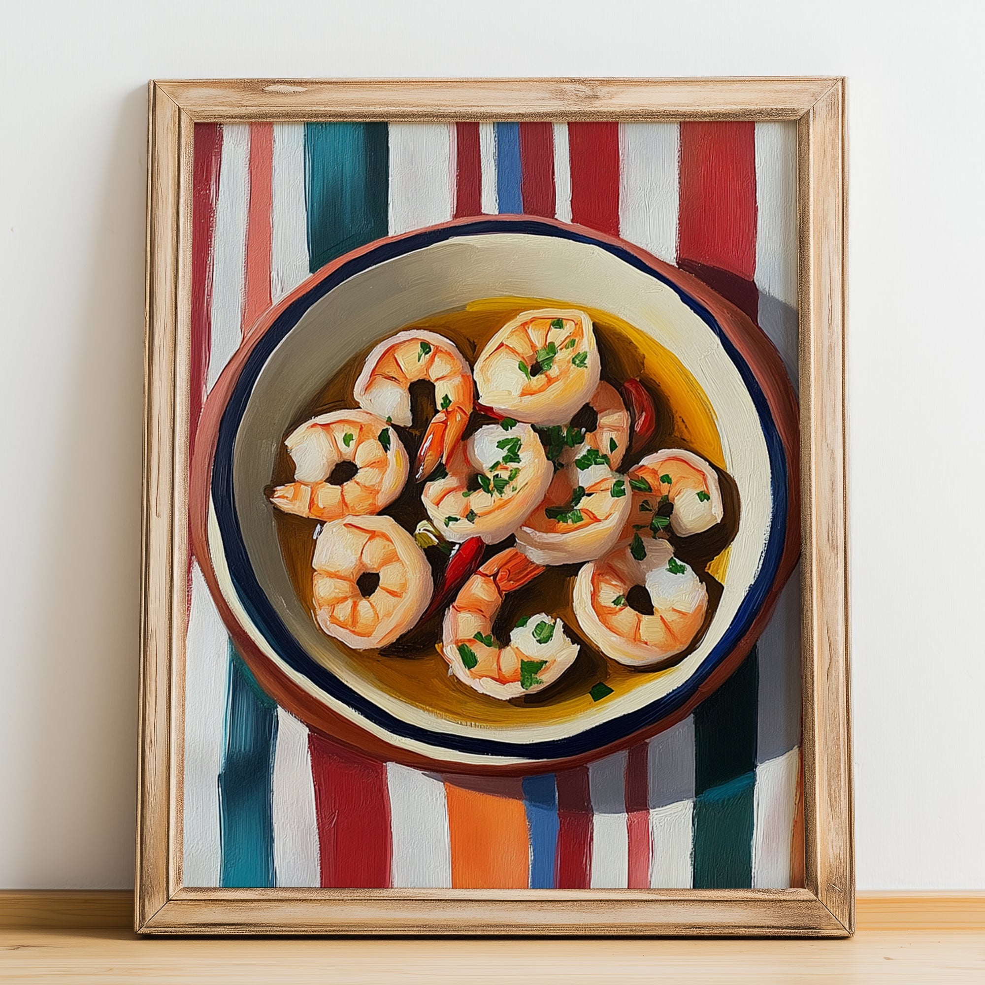Gambas al Ajillo – on Striped Tablecloth, Spanish Food Print, no-text version framed in wood