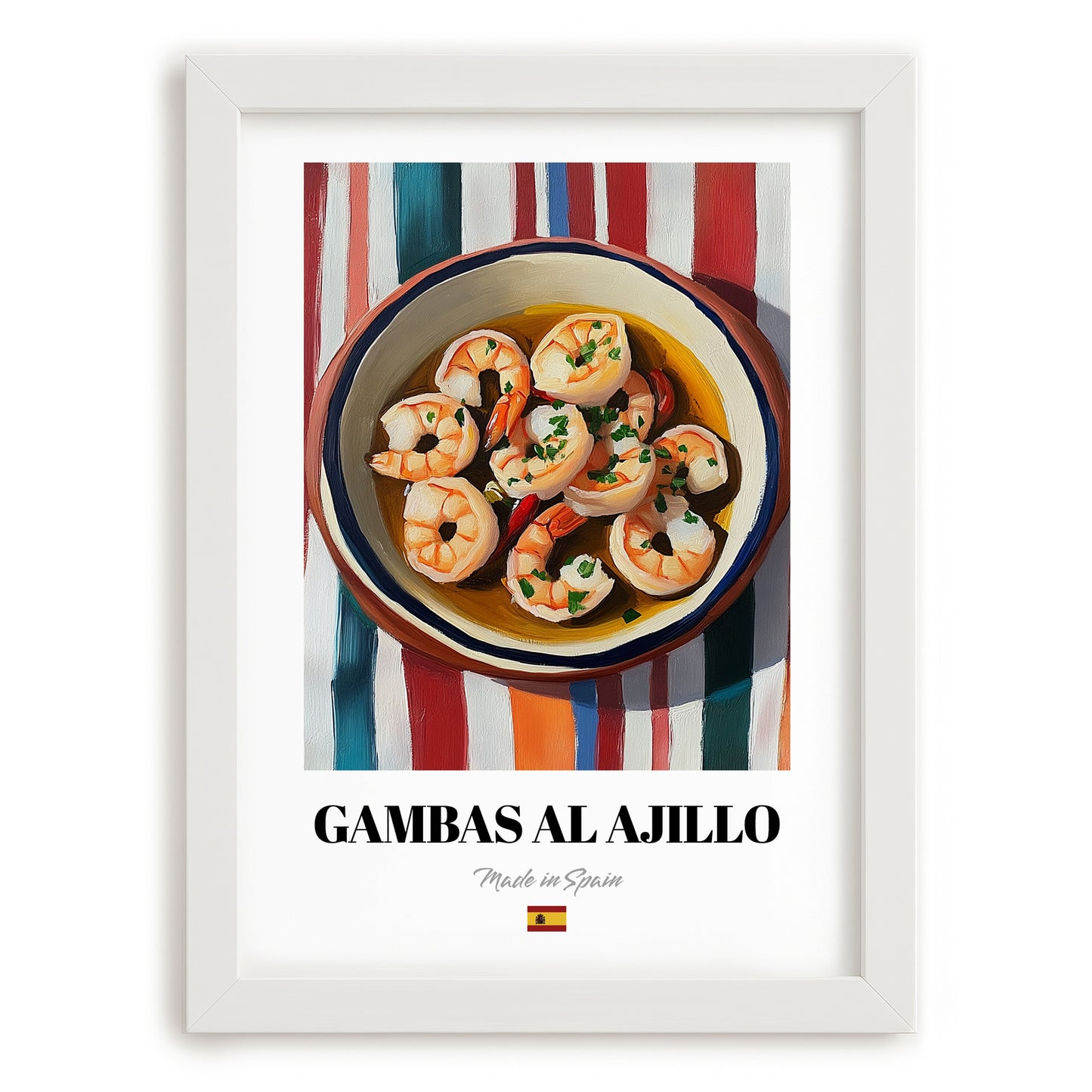 Gambas al Ajillo – on Striped Tablecloth, Spanish Food Print, placed in minimal white frame