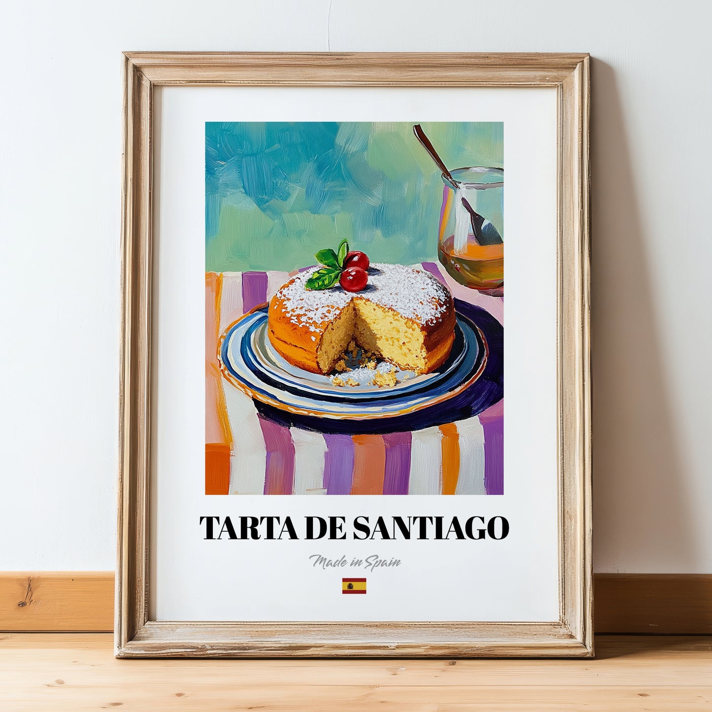 Tarta de Santiago – Colorful Oil Painting, Spanish Dessert Painting, in wooden frame leaning on the floor