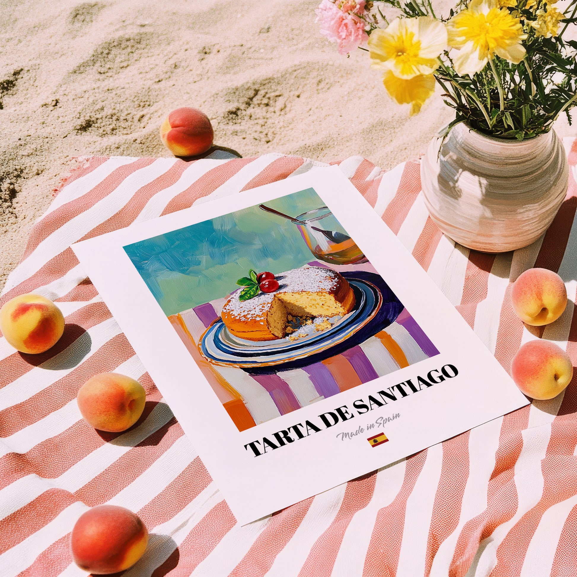 Tarta de Santiago – Colorful Oil Painting, Spanish Dessert Painting, unframed on coastal sand