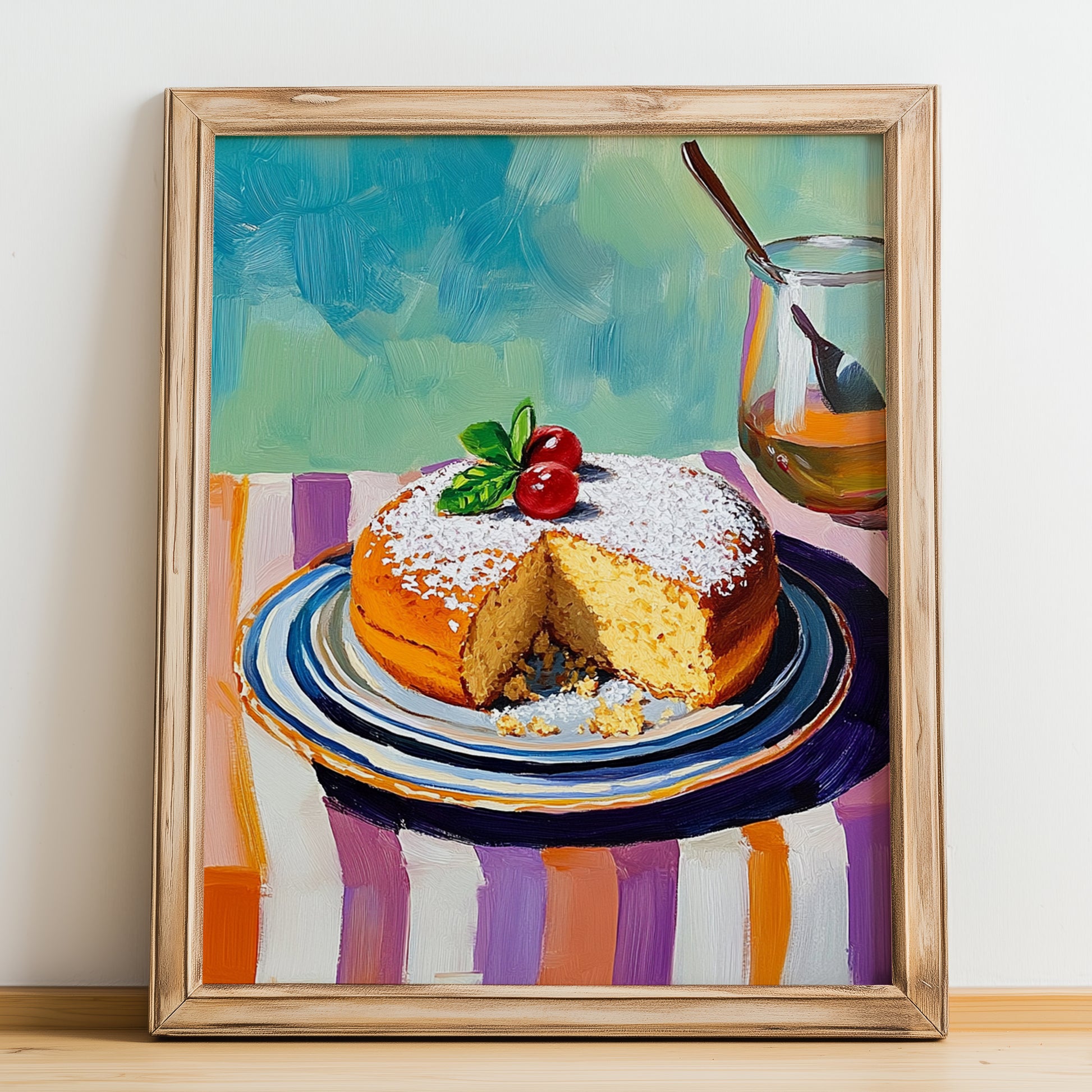 Tarta de Santiago – Colorful Oil Painting, Spanish Dessert Painting, no-text version framed in wood