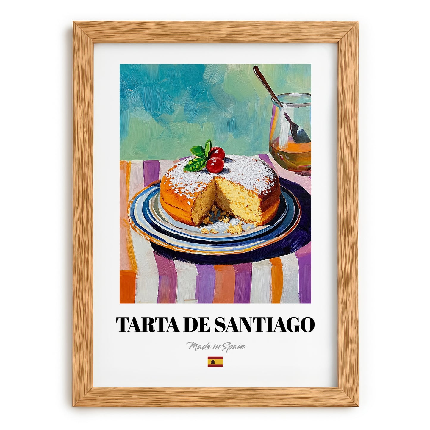 Tarta de Santiago – Colorful Oil Painting, Spanish Dessert Painting, set in oak frame
