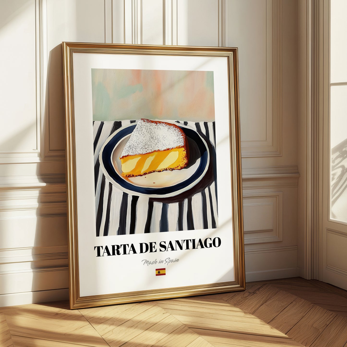 Tarta de Santiago – on Striped Tablecloth, Spanish Dessert Illustration 
